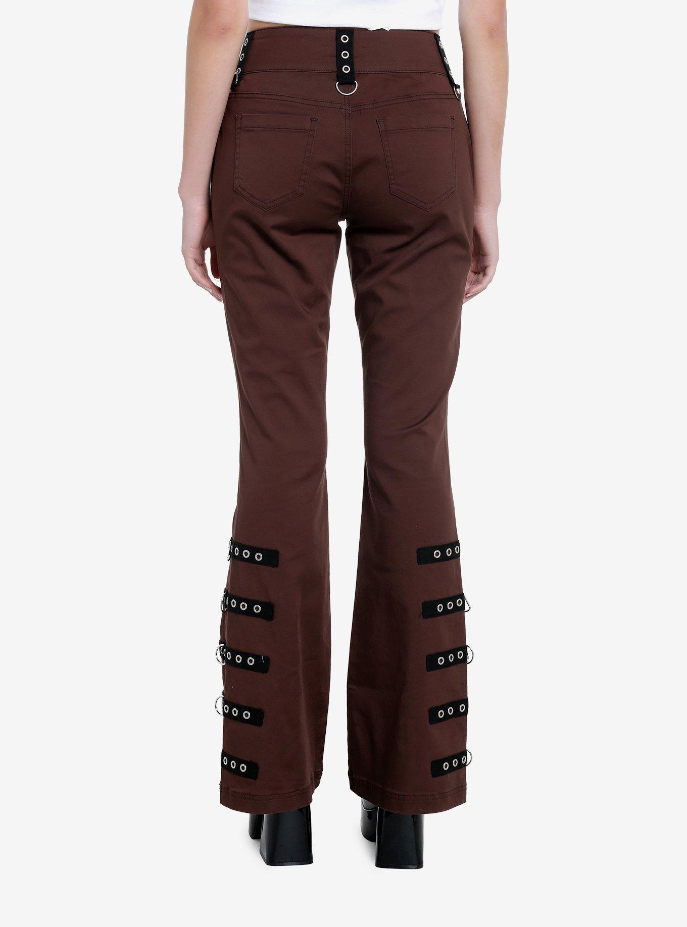 Brown Contrast Grommet Strap Flare Pants, BLACK, alternate