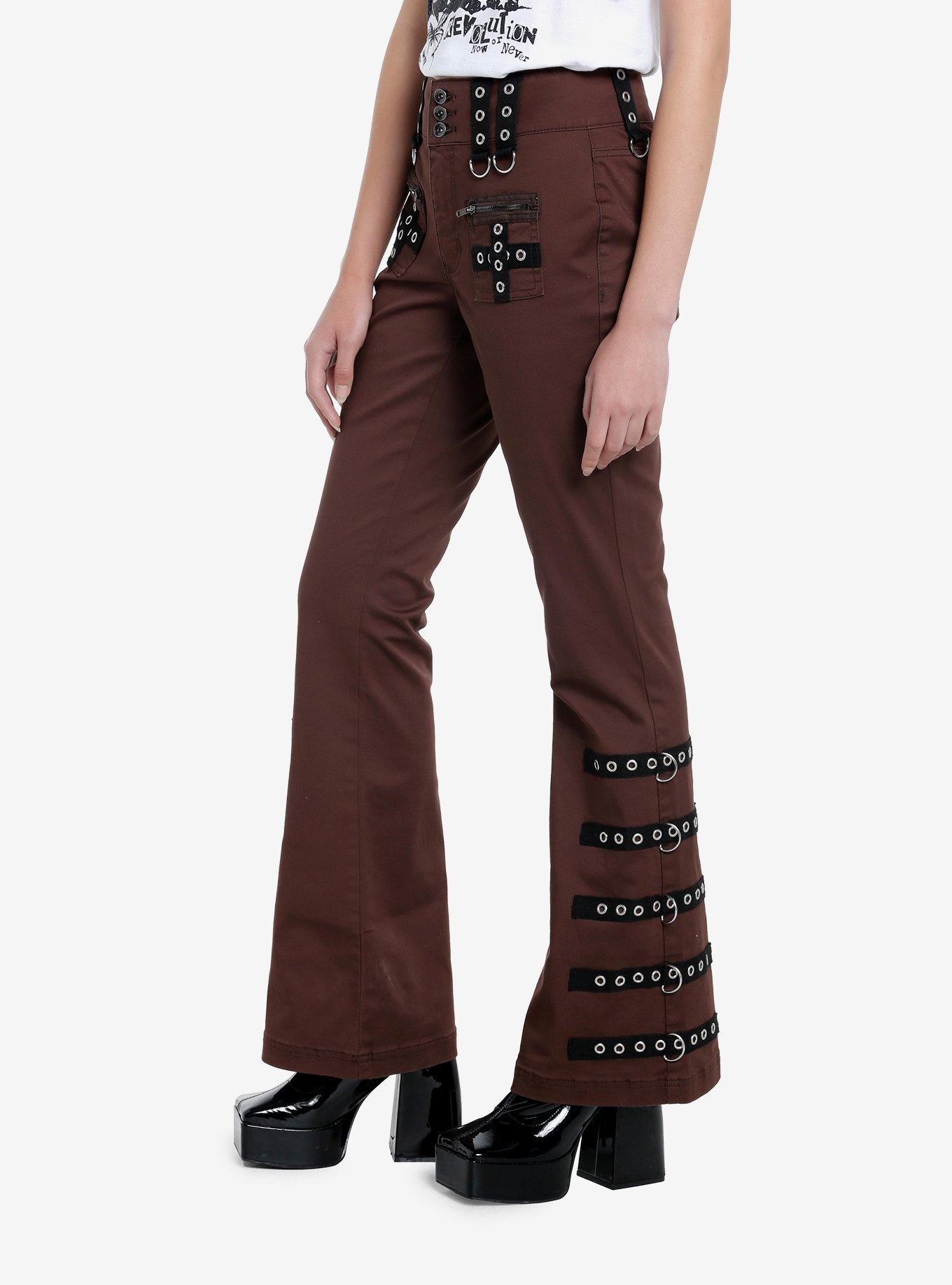 Brown Contrast Grommet Strap Flare Pants, BLACK, alternate