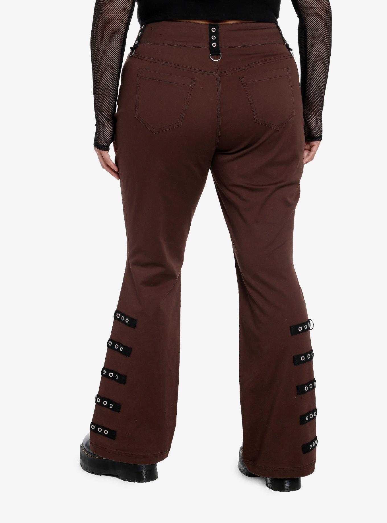 Brown Contrast Grommet Strap Flare Pants Plus Size, , hi-res