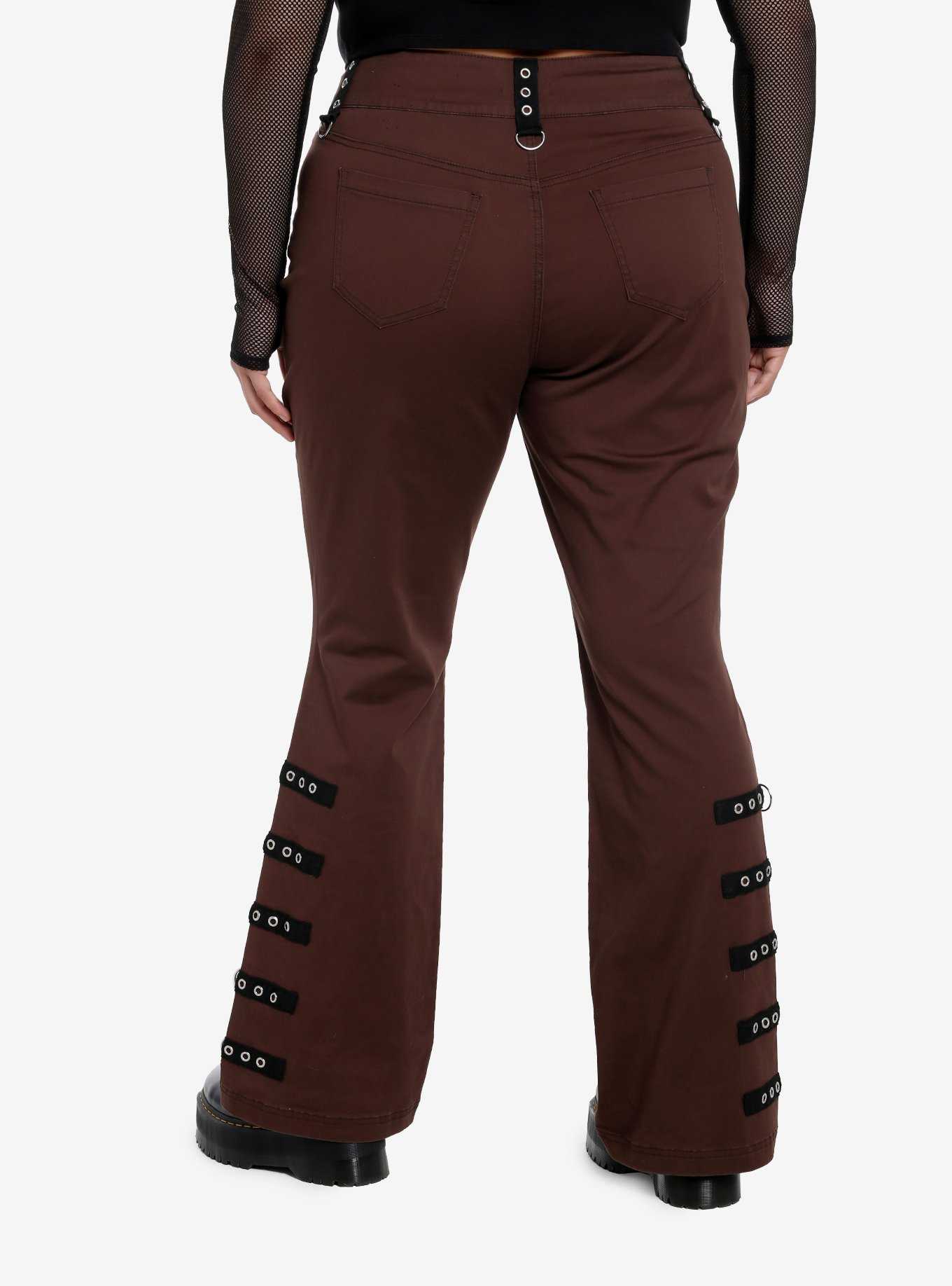 Social Collision Brown Contrast Grommet Strap Flare Pants Plus Size, , hi-res