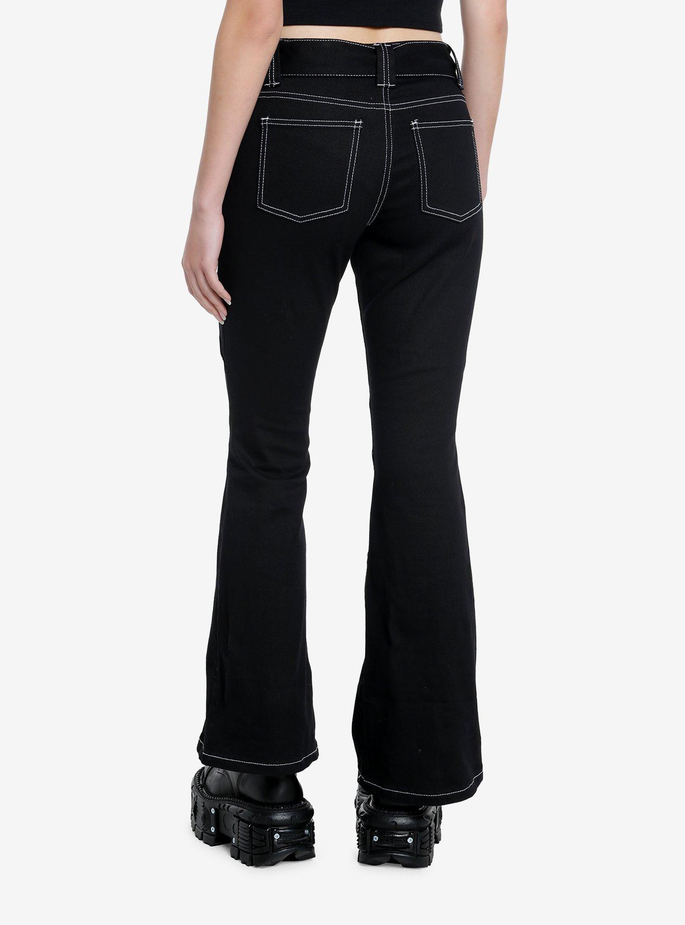 Black & White Contrast Stitch Flare Pants With Belt, , alternate