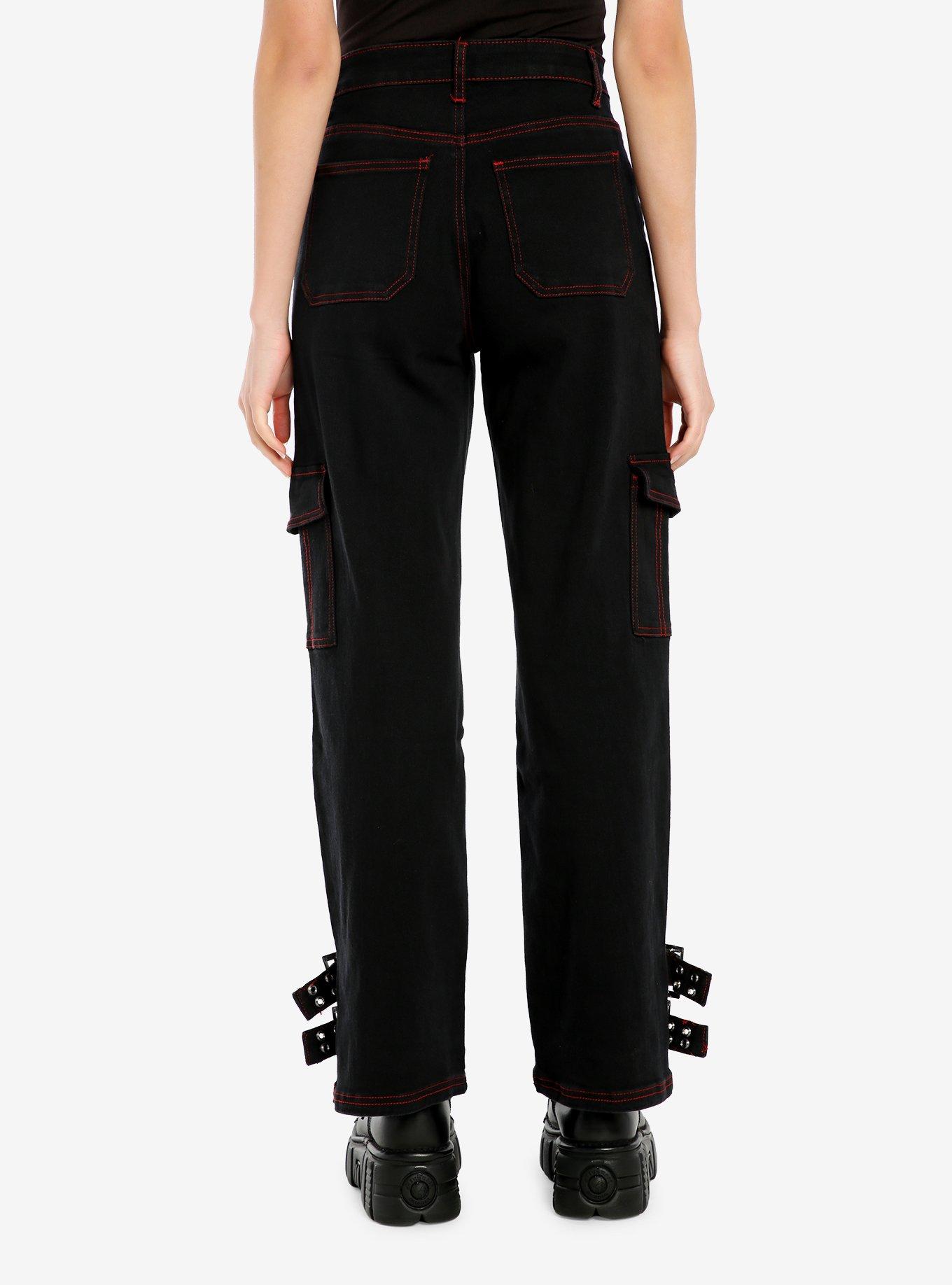 Black & Red Contrast Stitch Buckle Girls Carpenter Pants, , hi-res