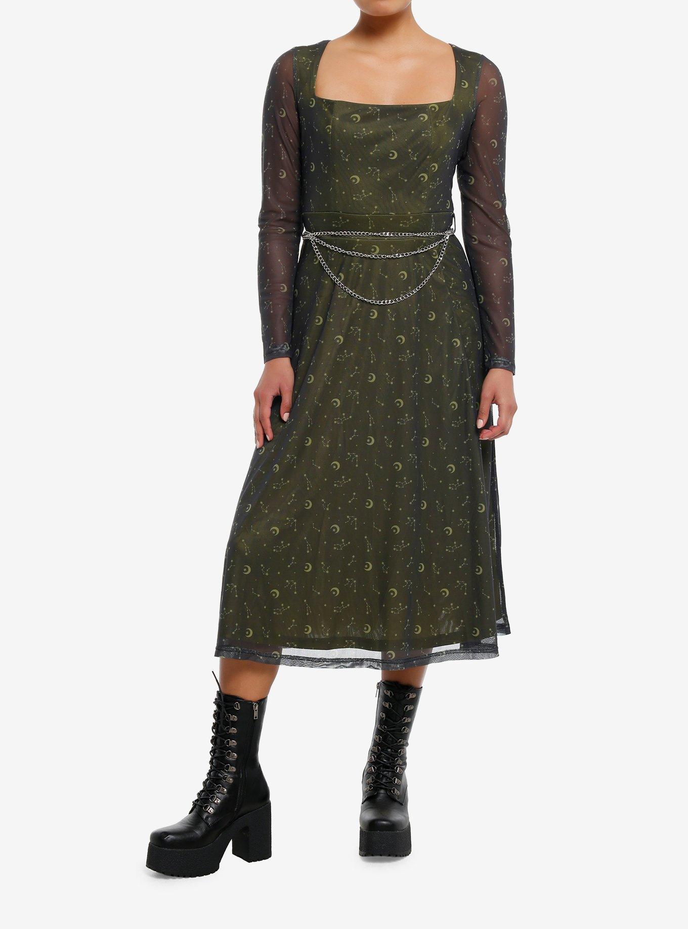 Cosmic Aura Gold Constellation Chain Belt Long-Sleeve Dress, GOLD, alternate
