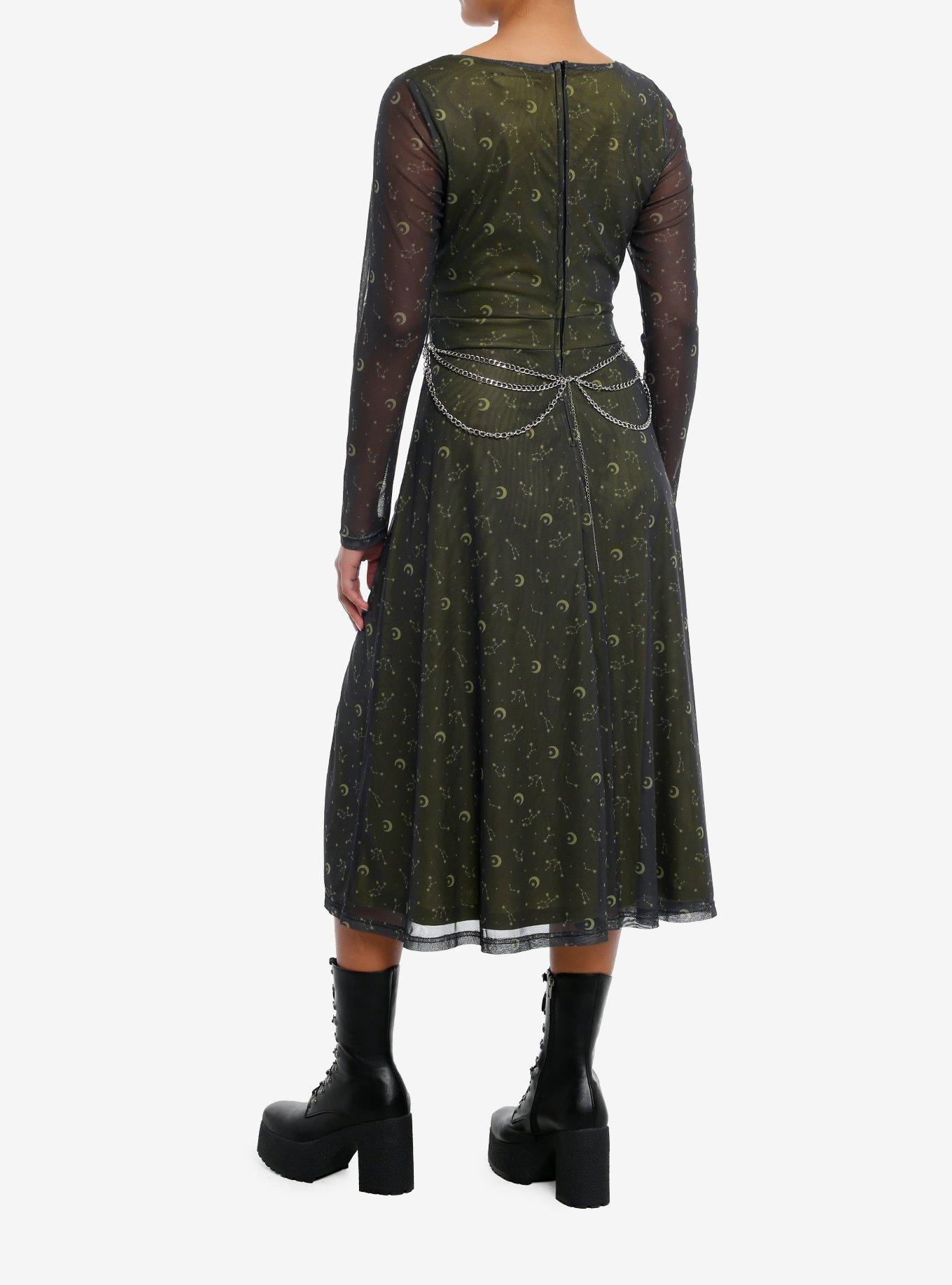 Cosmic Aura Gold Constellation Chain Belt Long-Sleeve Dress, GOLD, alternate