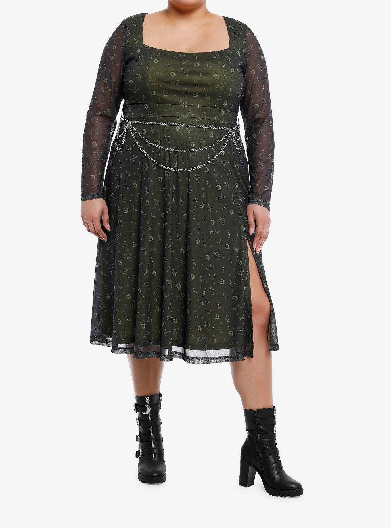 Cosmic Aura Gold Constellation Chain Belt Long-Sleeve Dress Plus Size