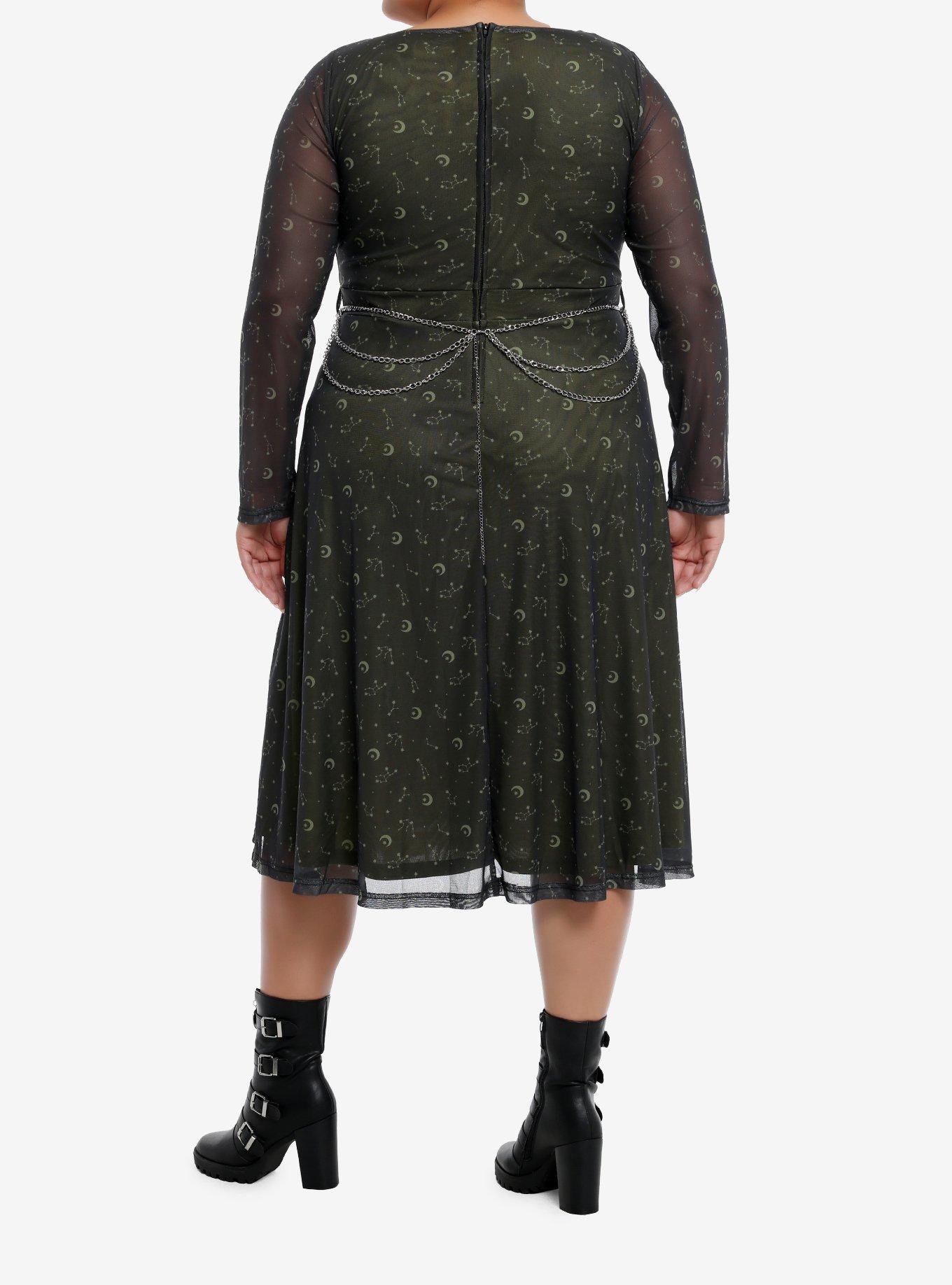 Cosmic Aura Gold Constellation Chain Belt Long-Sleeve Dress Plus Size