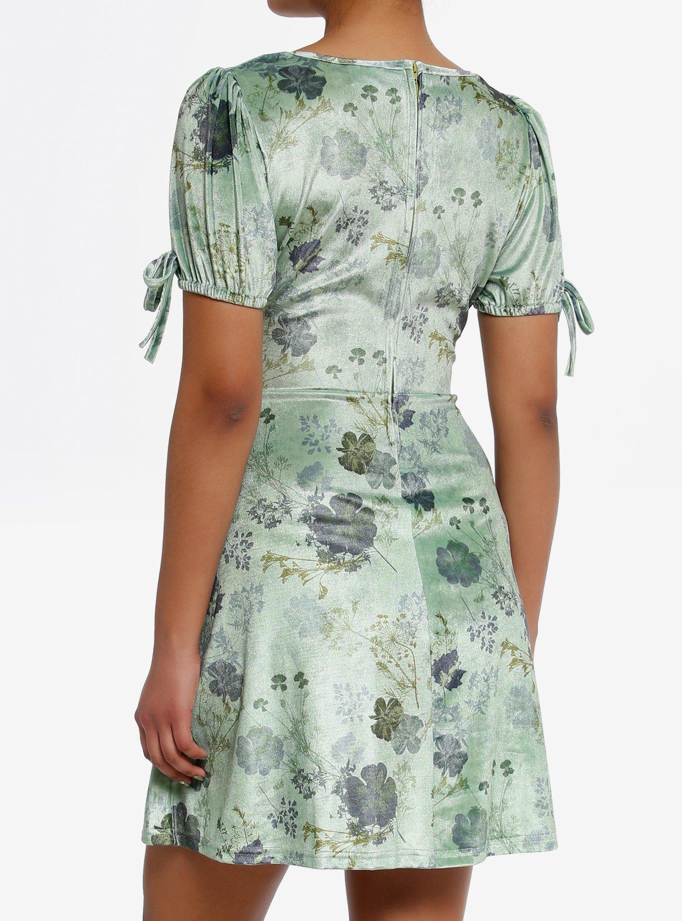 Daisy Street Green Floral Velvet Puff Sleeve Mini Dress, GREEN, alternate