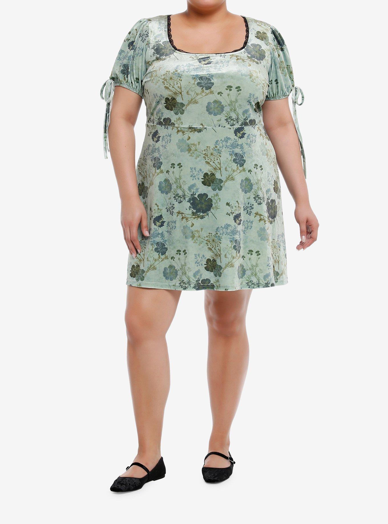 Daisy Street Green Floral Velvet Puff Sleeve Mini Dress Plus Size