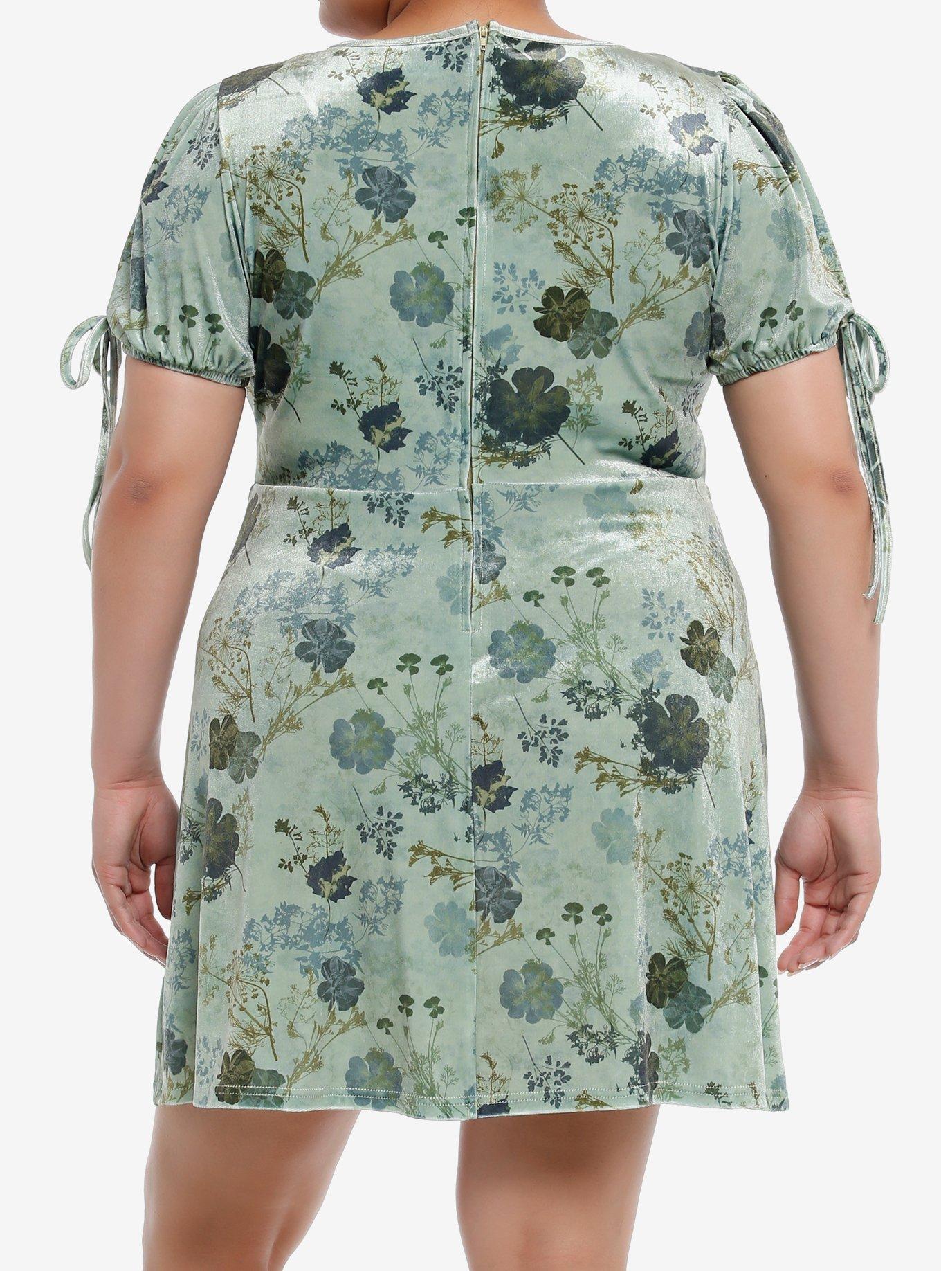 Daisy Street Green Floral Velvet Puff Sleeve Mini Dress Plus Size, BLACK, alternate