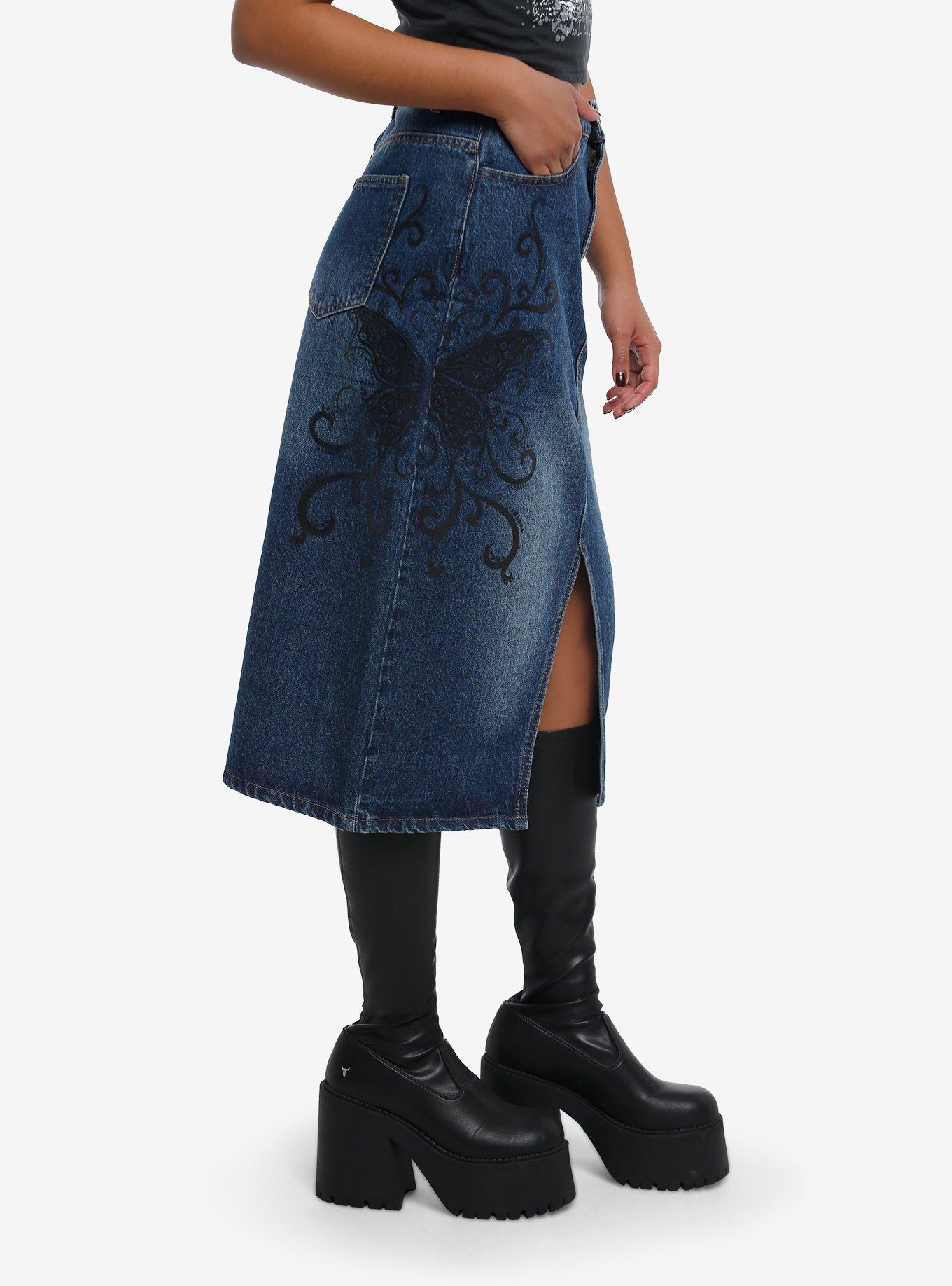 Butterfly Filigree Denim Midi Skirt, BROWN, alternate