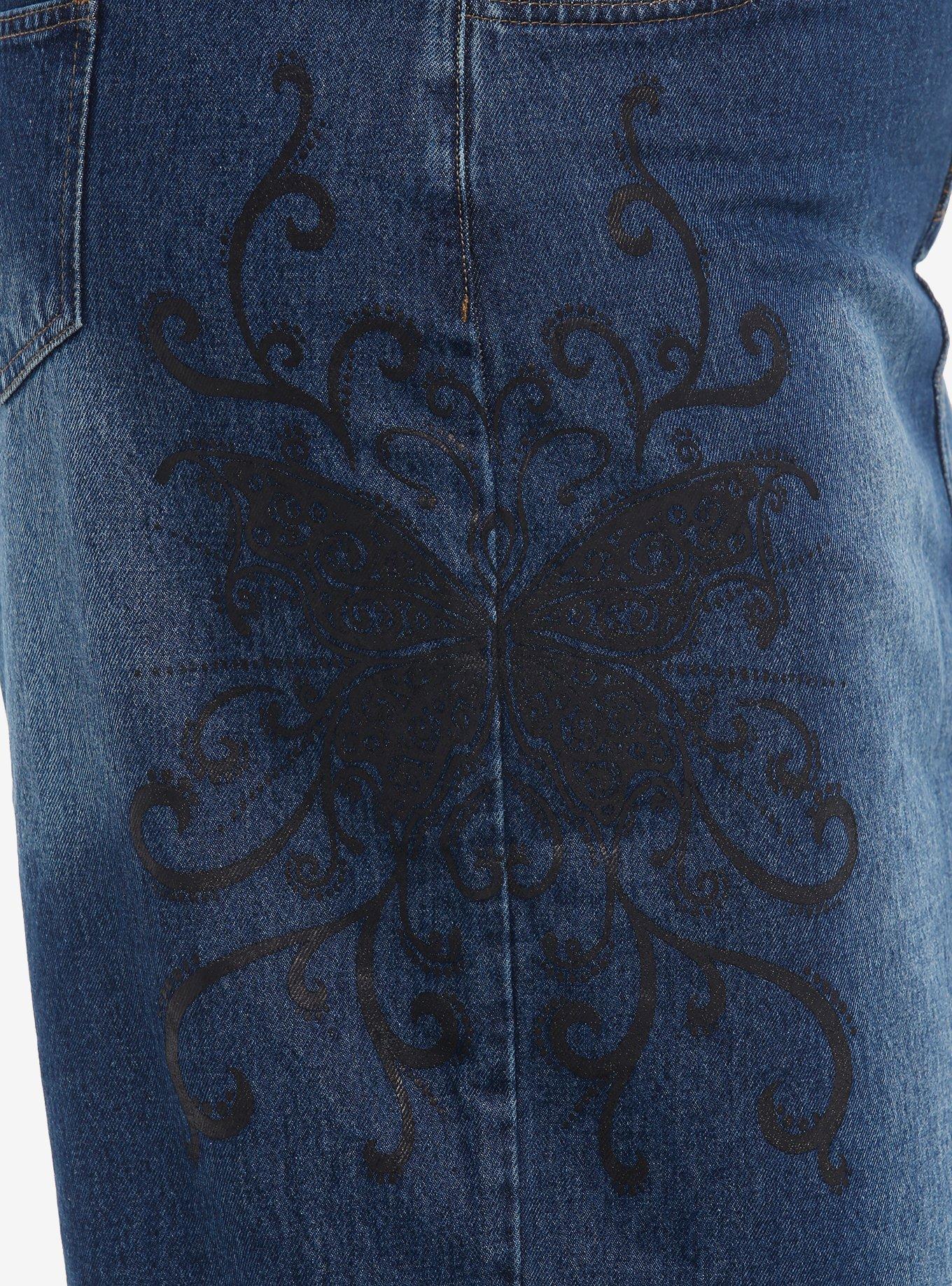 Daisy Street Butterfly Print Denim Midi Skirt Plus Size, BROWN, alternate