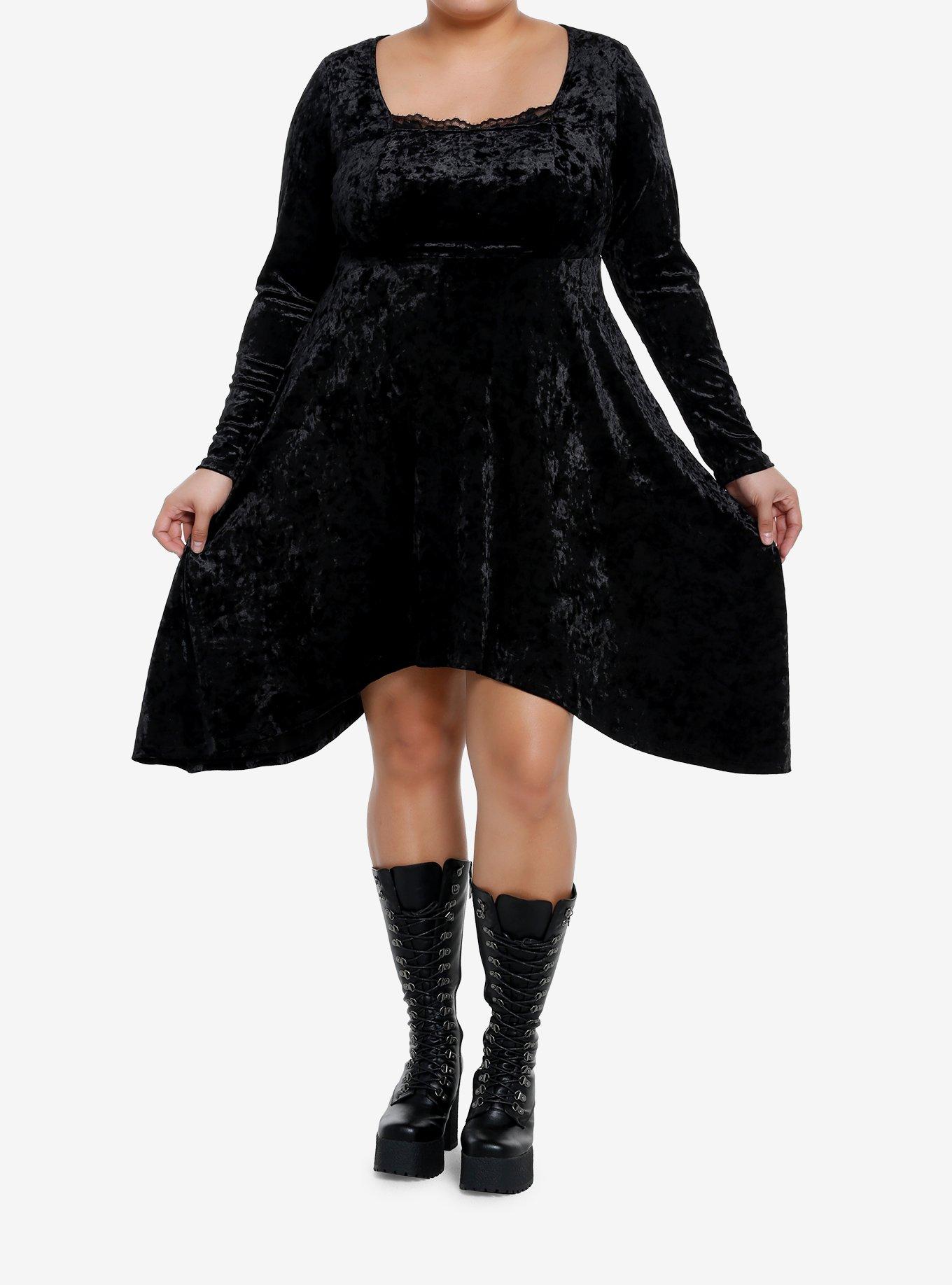 Cosmic Aura Black Velvet Lace Long-Sleeve Dress Plus Size, BLACK, alternate