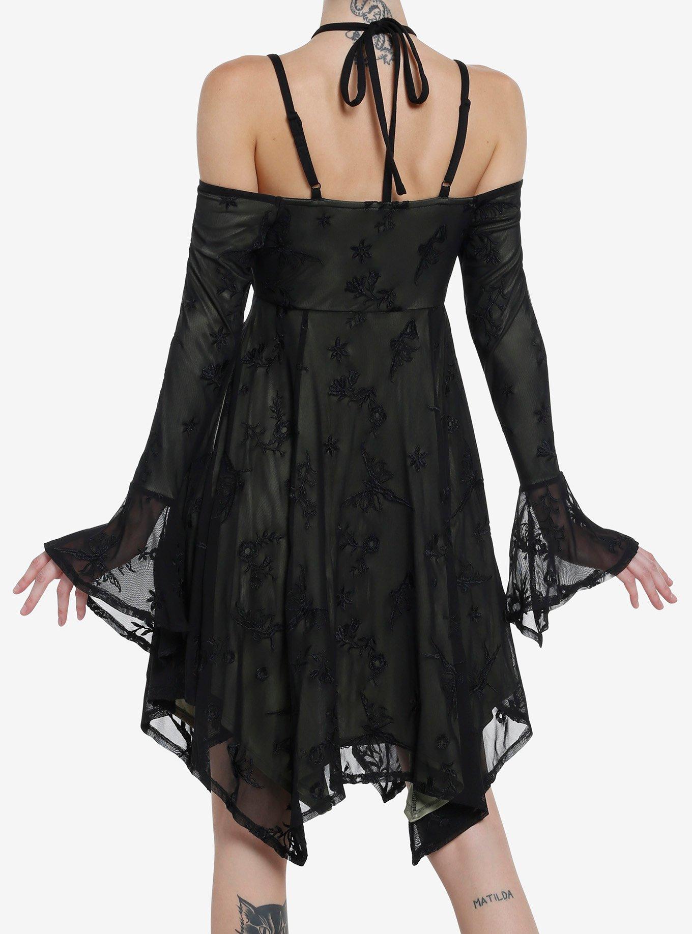 Thorn & Fable Fairy Floral Mesh Halter Cold Shoulder Dress, BLACK, alternate