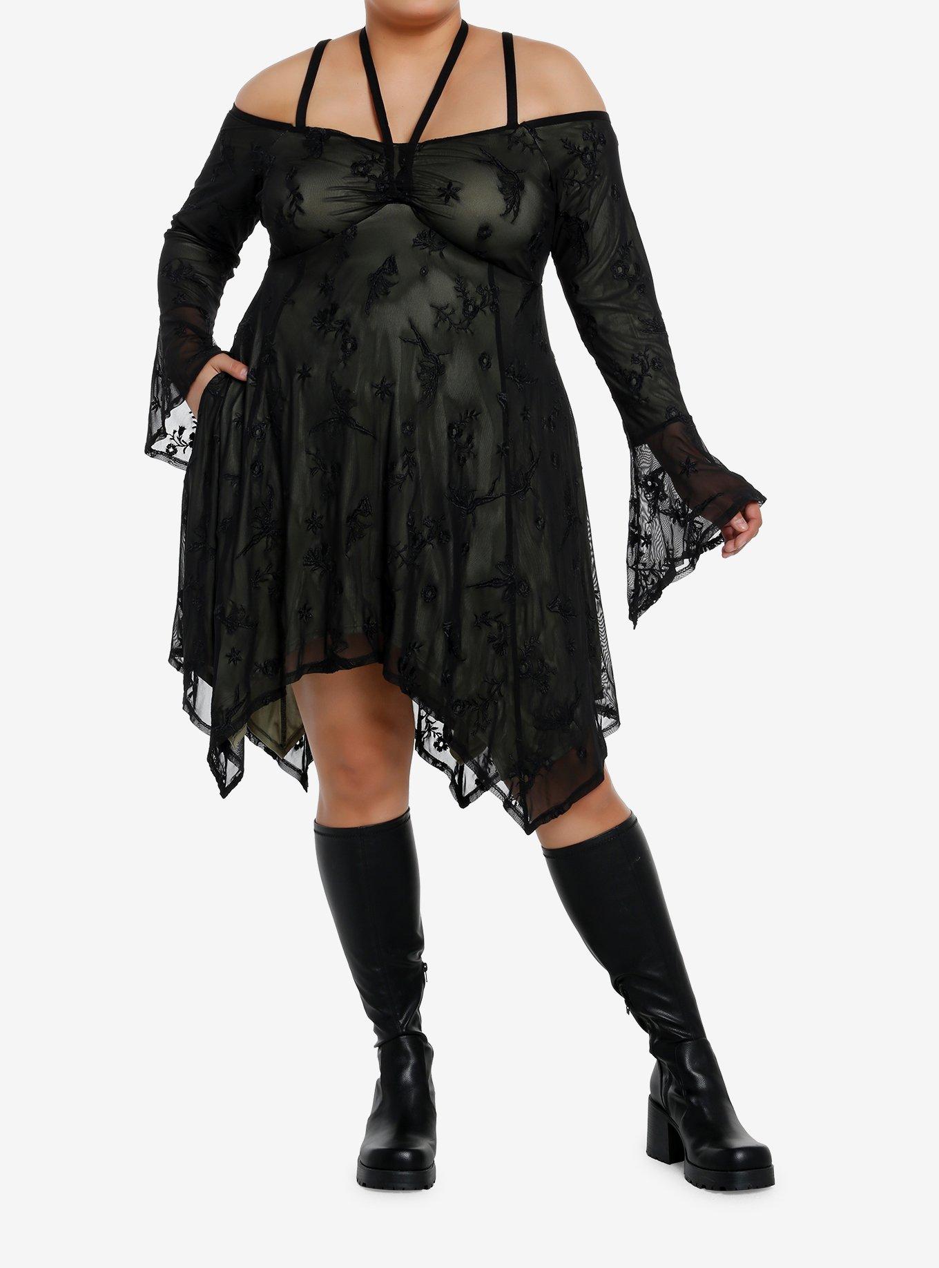 Thorn & Fable Fairy Floral Mesh Halter Cold Shoulder Dress Plus Size, BLACK, alternate