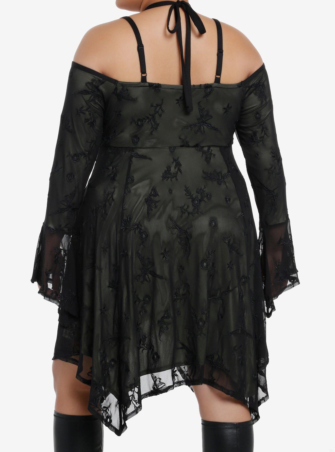 Thorn & Fable Fairy Floral Mesh Halter Cold Shoulder Dress Plus Size, BLACK, alternate