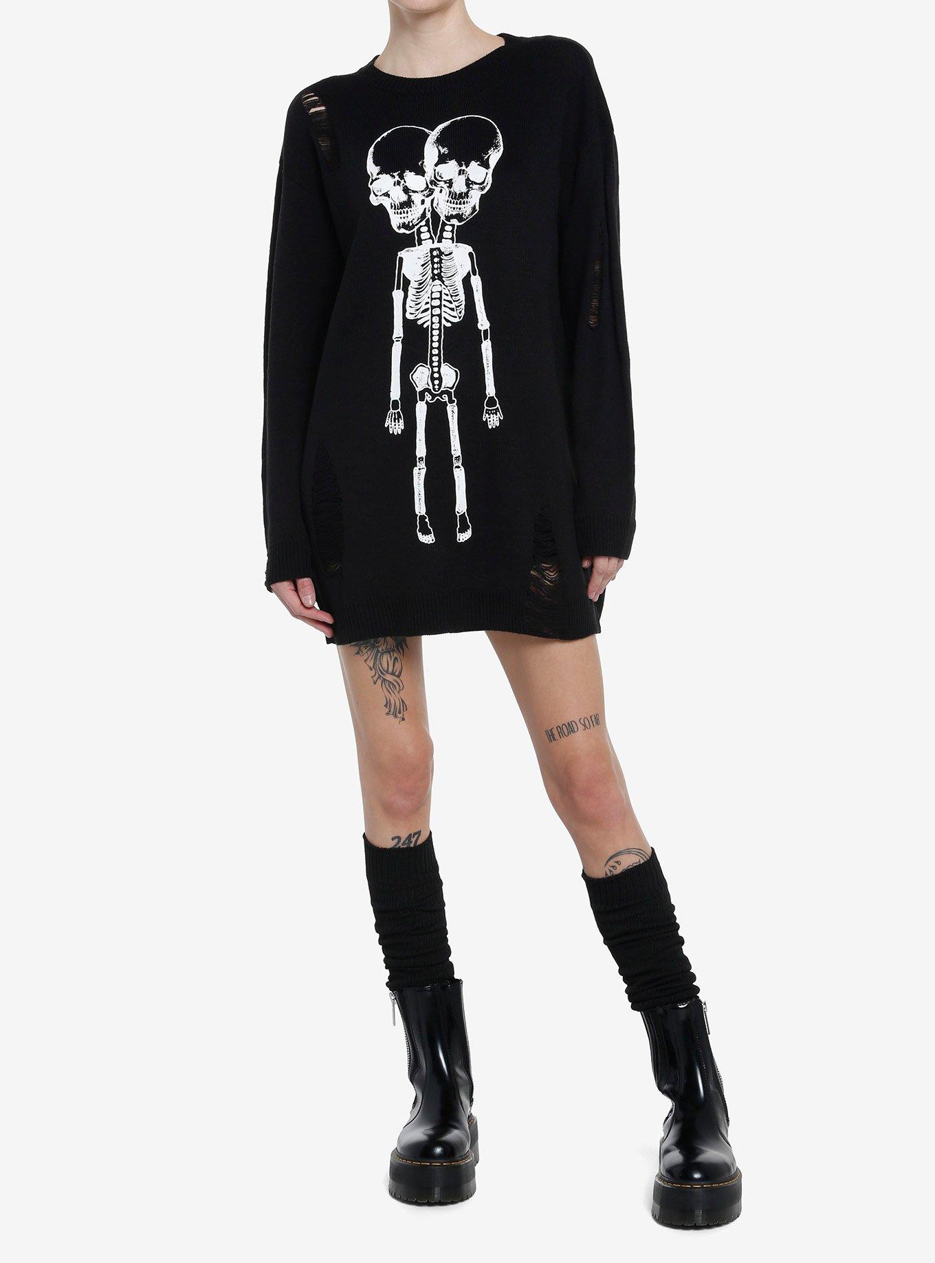 Social Collision Conjoined Skeleton Girls Knit Sweater Dress, , alternate