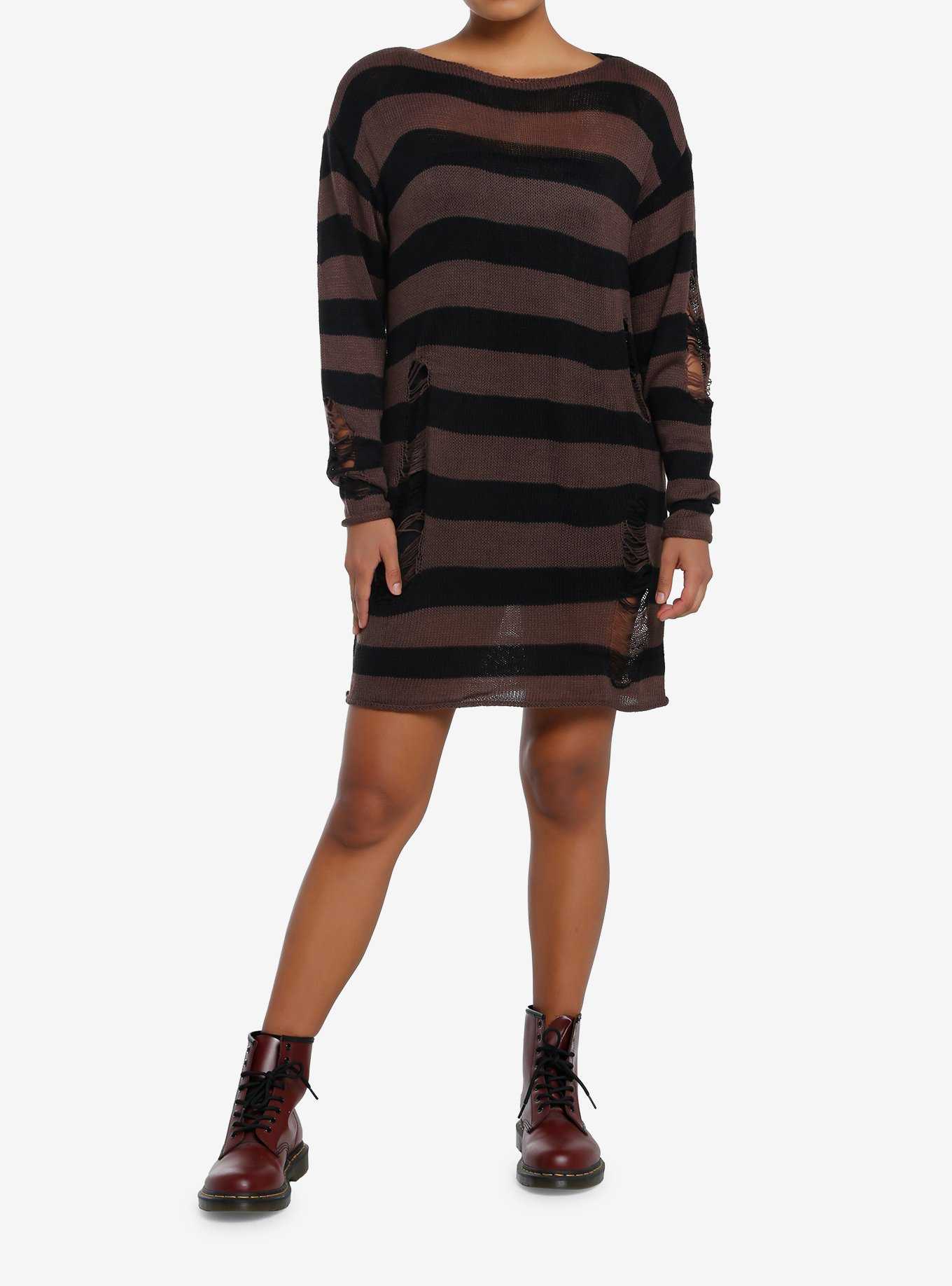 Social Collision Black & Brown Stripe Destructed Sweater Dress, , hi-res