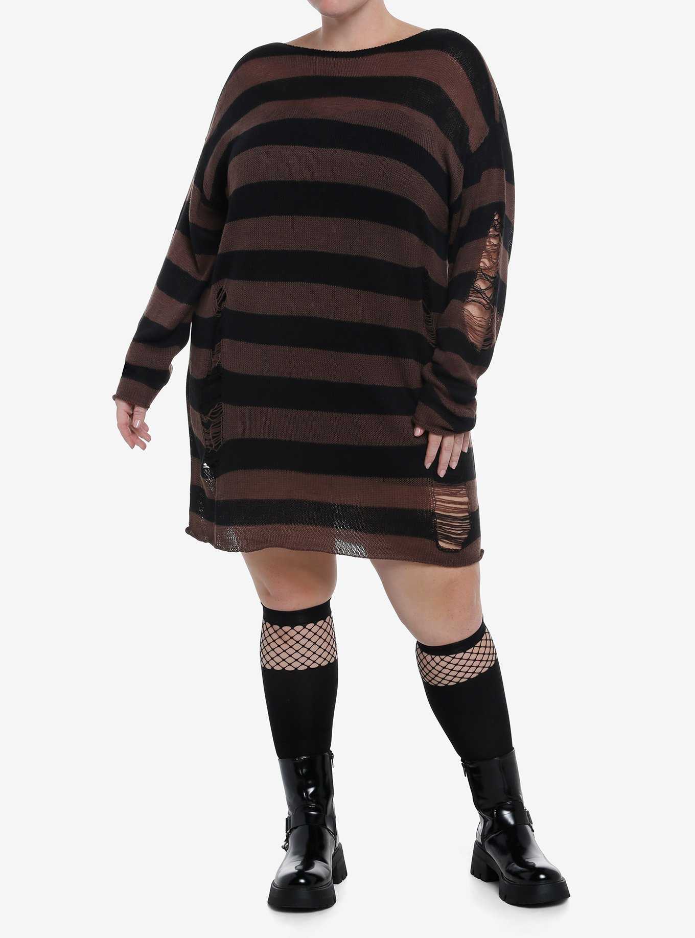 Social Collision Black & Brown Stripe Destructed Sweater Dress Plus Size, , hi-res