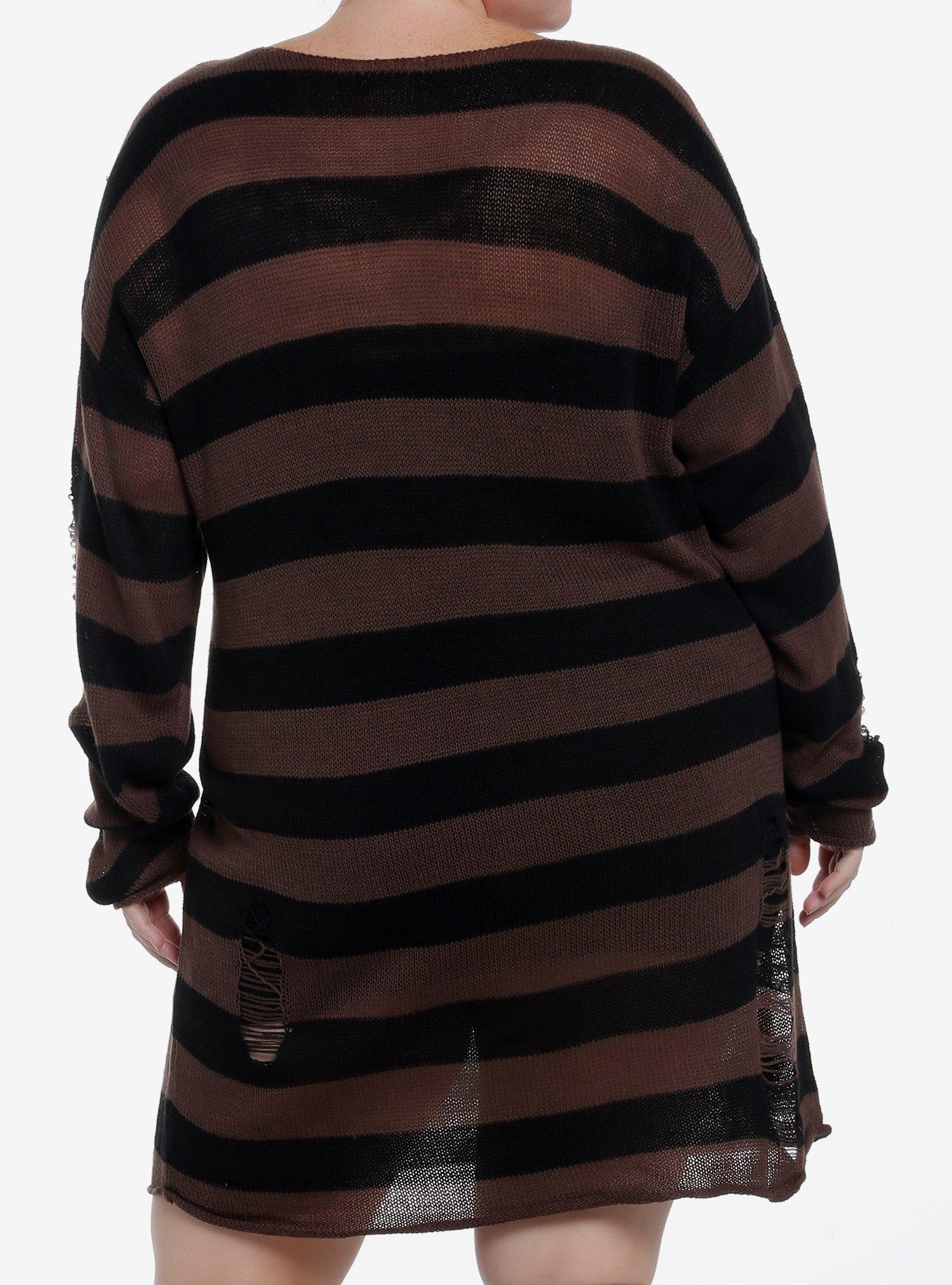 Social Collision Black & Brown Stripe Destructed Sweater Dress Plus Size, BROWN, alternate