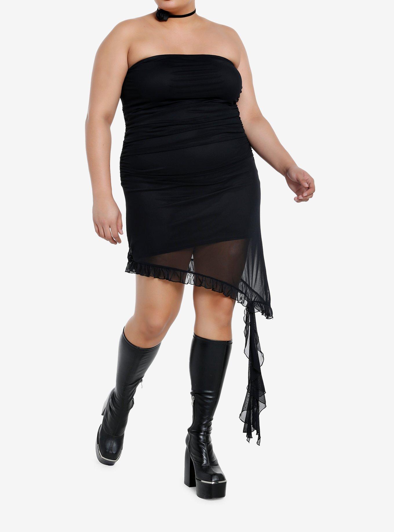 Cosmic Aura Y2K Neck Tie Asymmetrical Ruffle Mini Dress Plus Size, BLACK, alternate