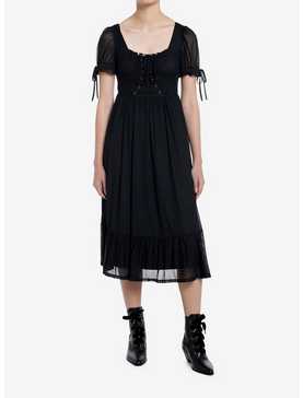 Cosmic Aura Black Lace-Up Mesh Puff Sleeve Midi Dress, , hi-res