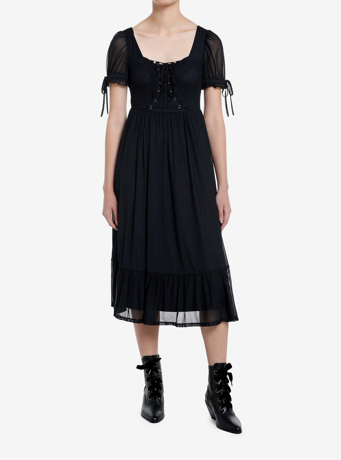 Cosmic Aura Black Lace-Up Mesh Puff Sleeve Midi Dress, BLACK, alternate