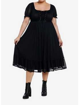 Cosmic Aura Black Lace-Up Mesh Puff Sleeve Midi Dress Plus Size, , hi-res