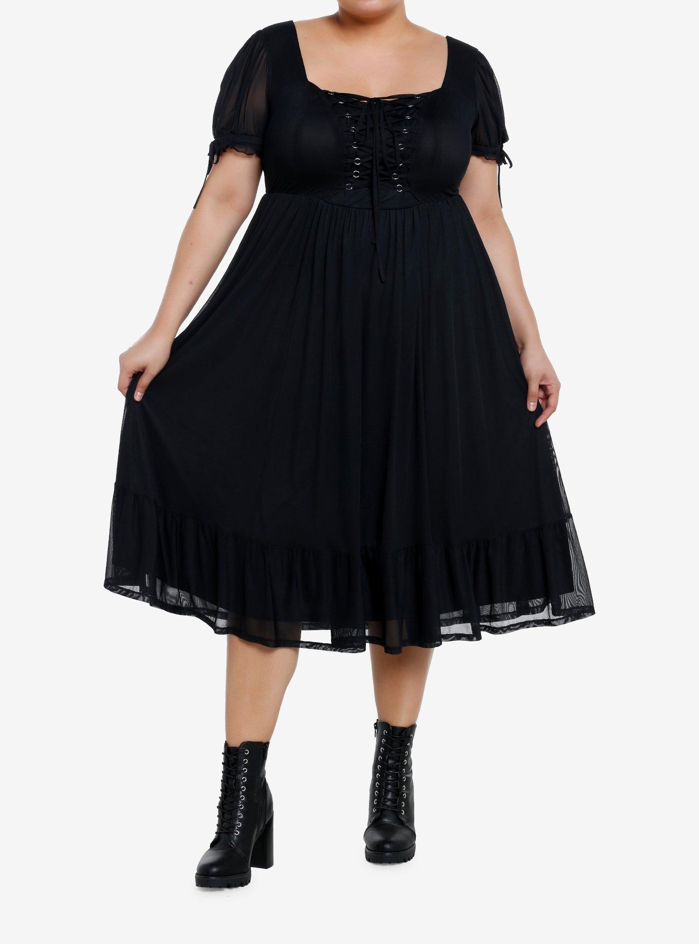 Cosmic Aura Black Lace-Up Mesh Puff Sleeve Midi Dress Plus Size, BLACK, alternate