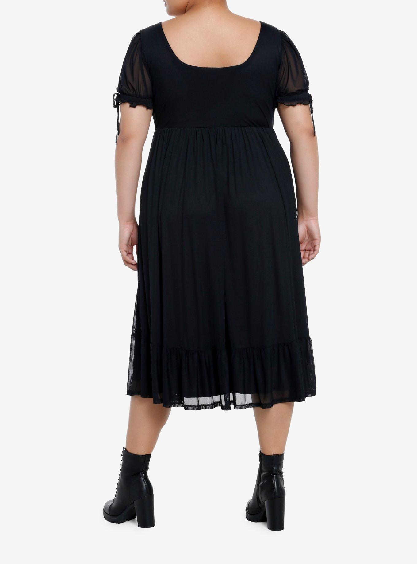 Cosmic Aura Black Lace-Up Mesh Puff Sleeve Midi Dress Plus Size, BLACK, alternate
