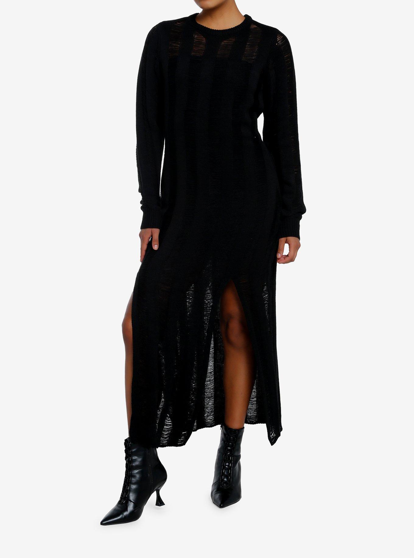 Cosmic Aura Stripe Destructed Slit Maxi Sweater Dress, BLACK, alternate