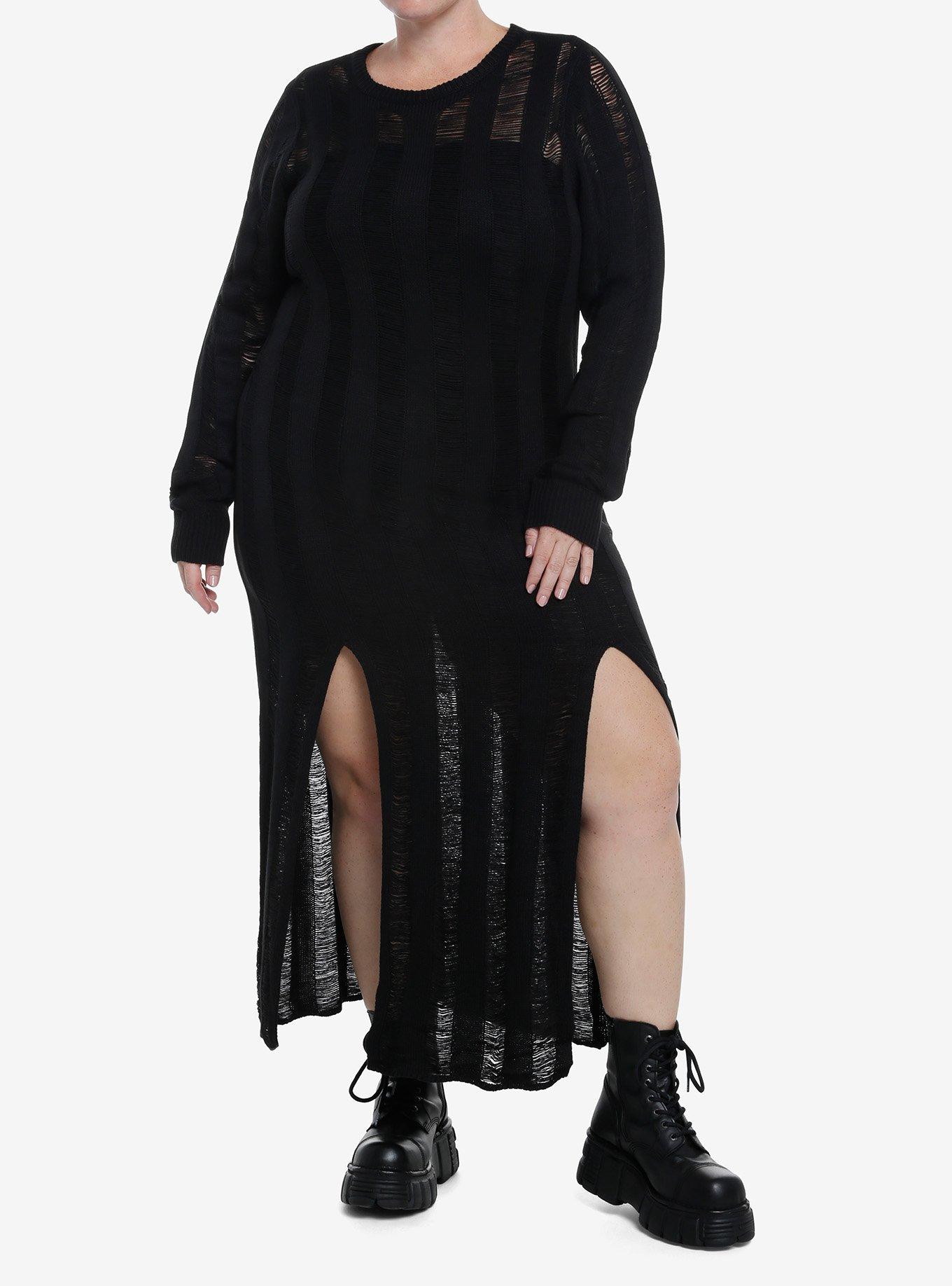 Cosmic Aura Stripe Destructed Slit Maxi Sweater Dress Plus Size, BLACK, alternate