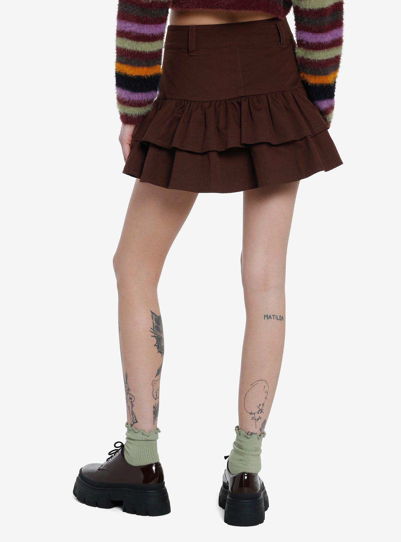 Social Collision Brown Double Ruffle Skirt, BROWN, alternate