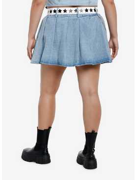 Social Collision Pleated Denim Skirt With Belt & Chain Plus Size, , hi-res
