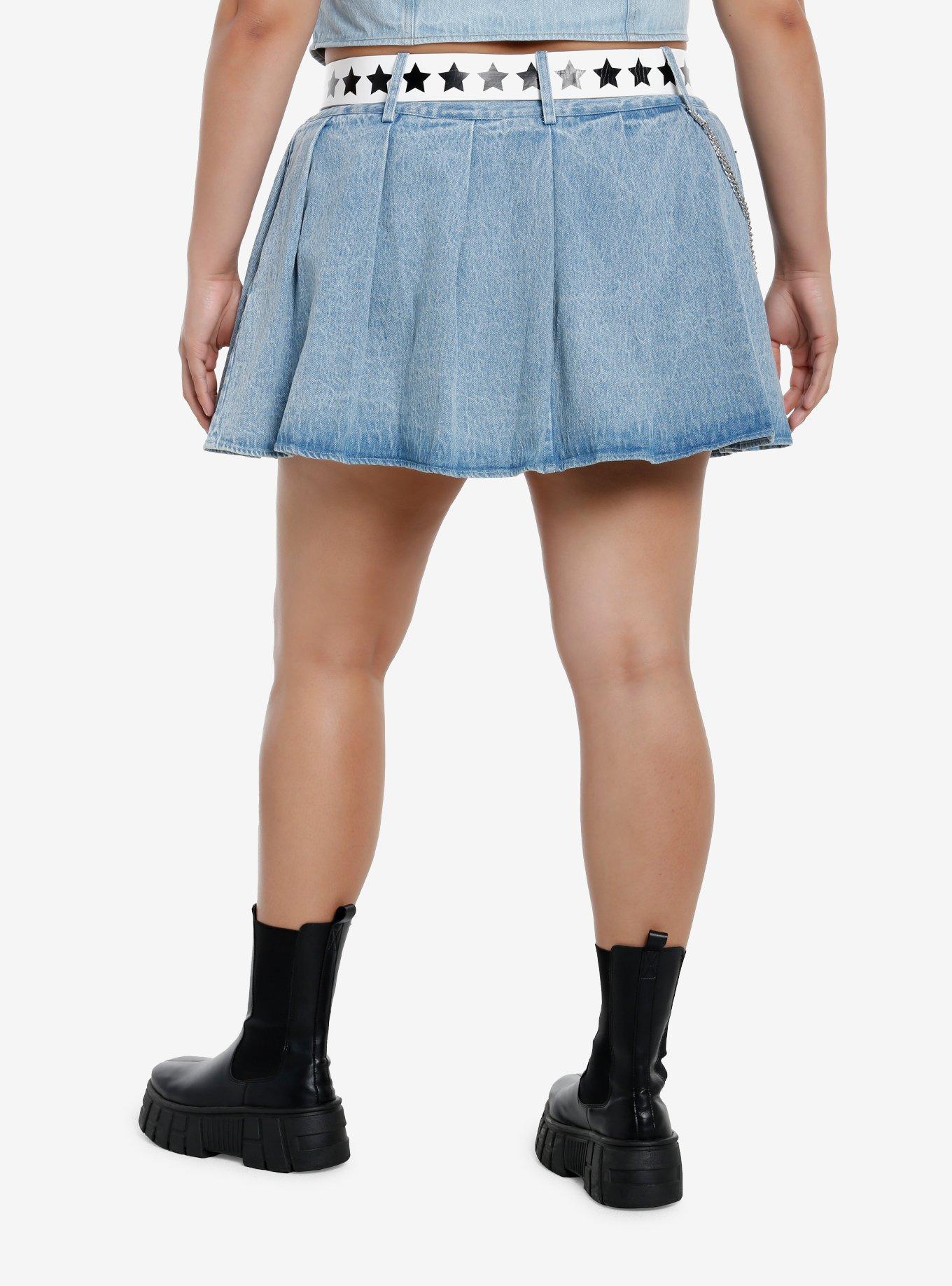 Social Collision Pleated Denim Skirt With Belt & Chain Plus Size, INDIGO, alternate