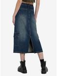 Social Collision Dark Wash Cargo Denim Midi Skirt With Chain, INDIGO, alternate