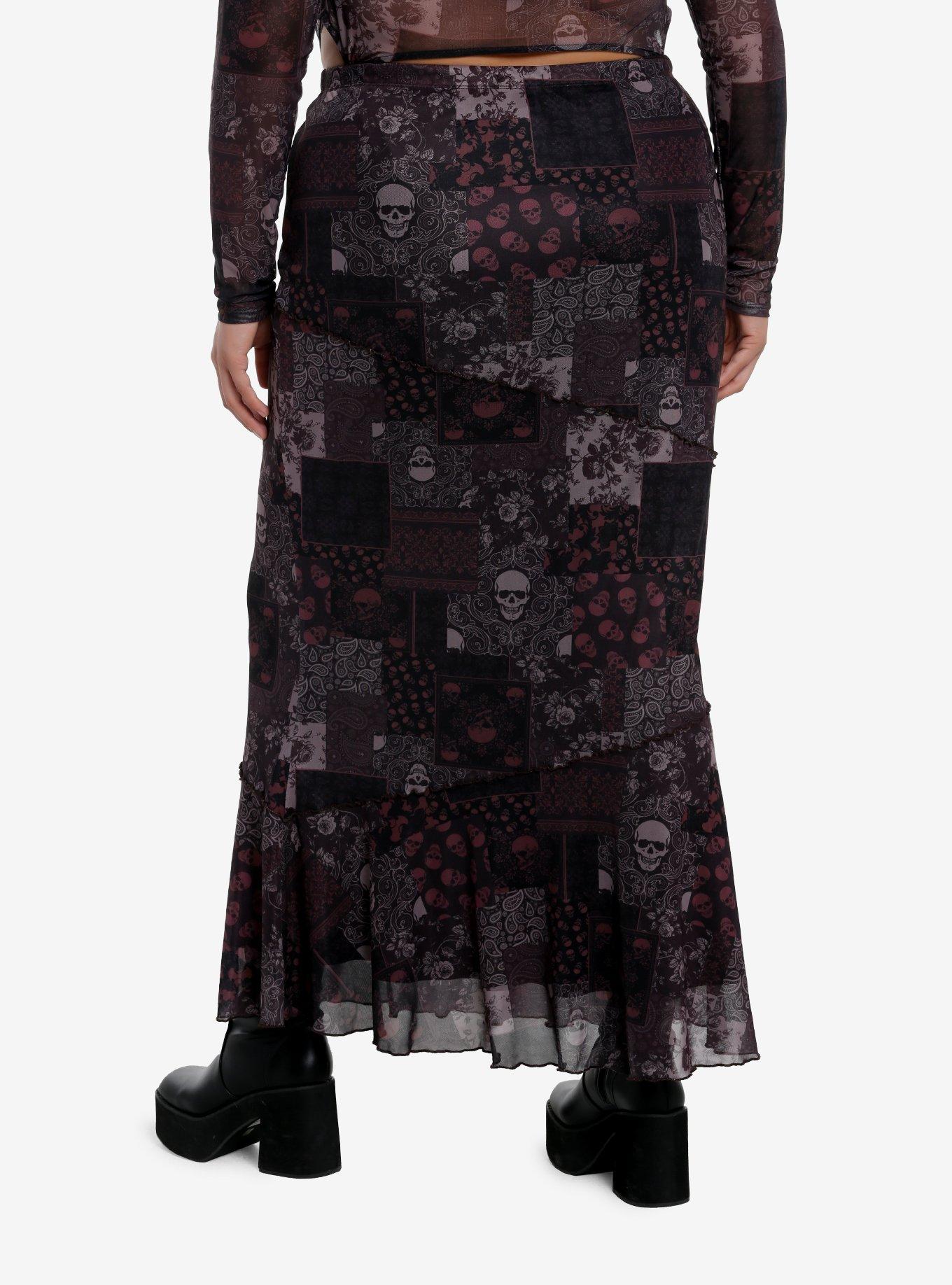 Social Collision Skull Paisley Patchwork Maxi Skirt Plus Size, MAUVE, alternate