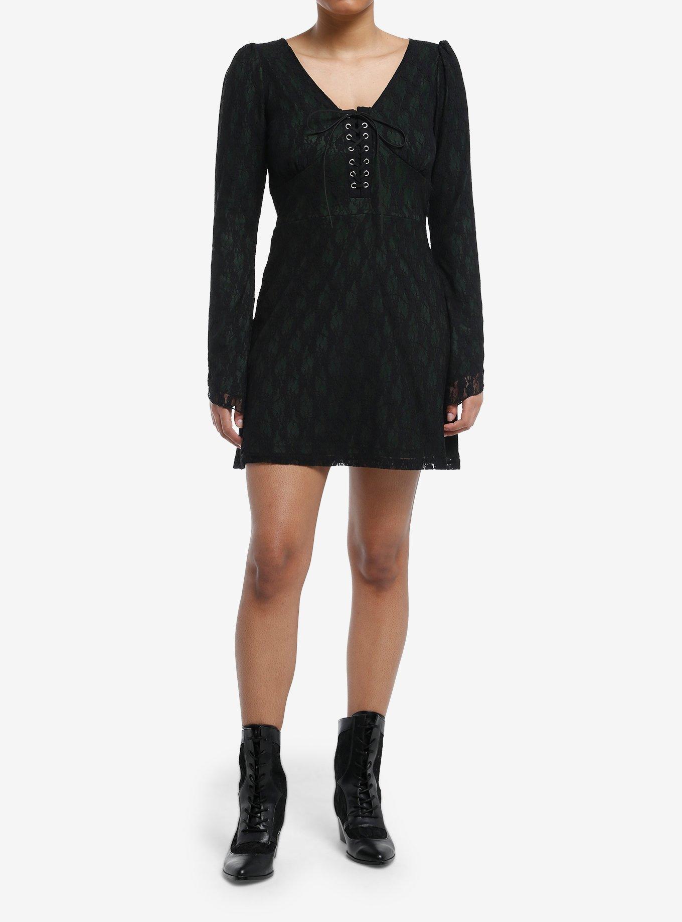 Black & Green Lace Bell Sleeve Dress, , hi-res