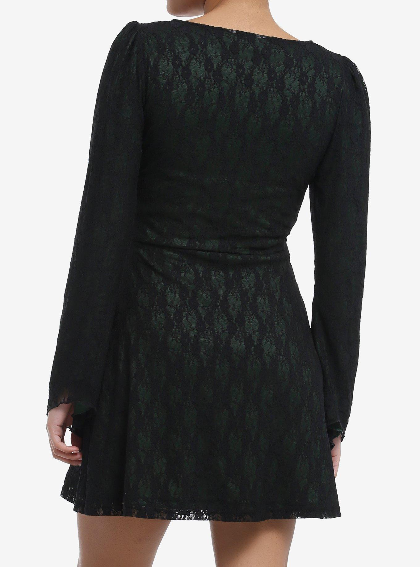 Black & Green Lace Bell Sleeve Dress, KHAKI, alternate