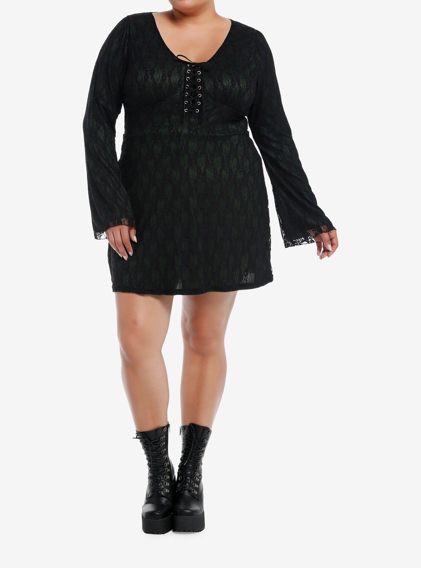 Black & Green Lace Bell Sleeve Dress Plus Size, KHAKI, alternate