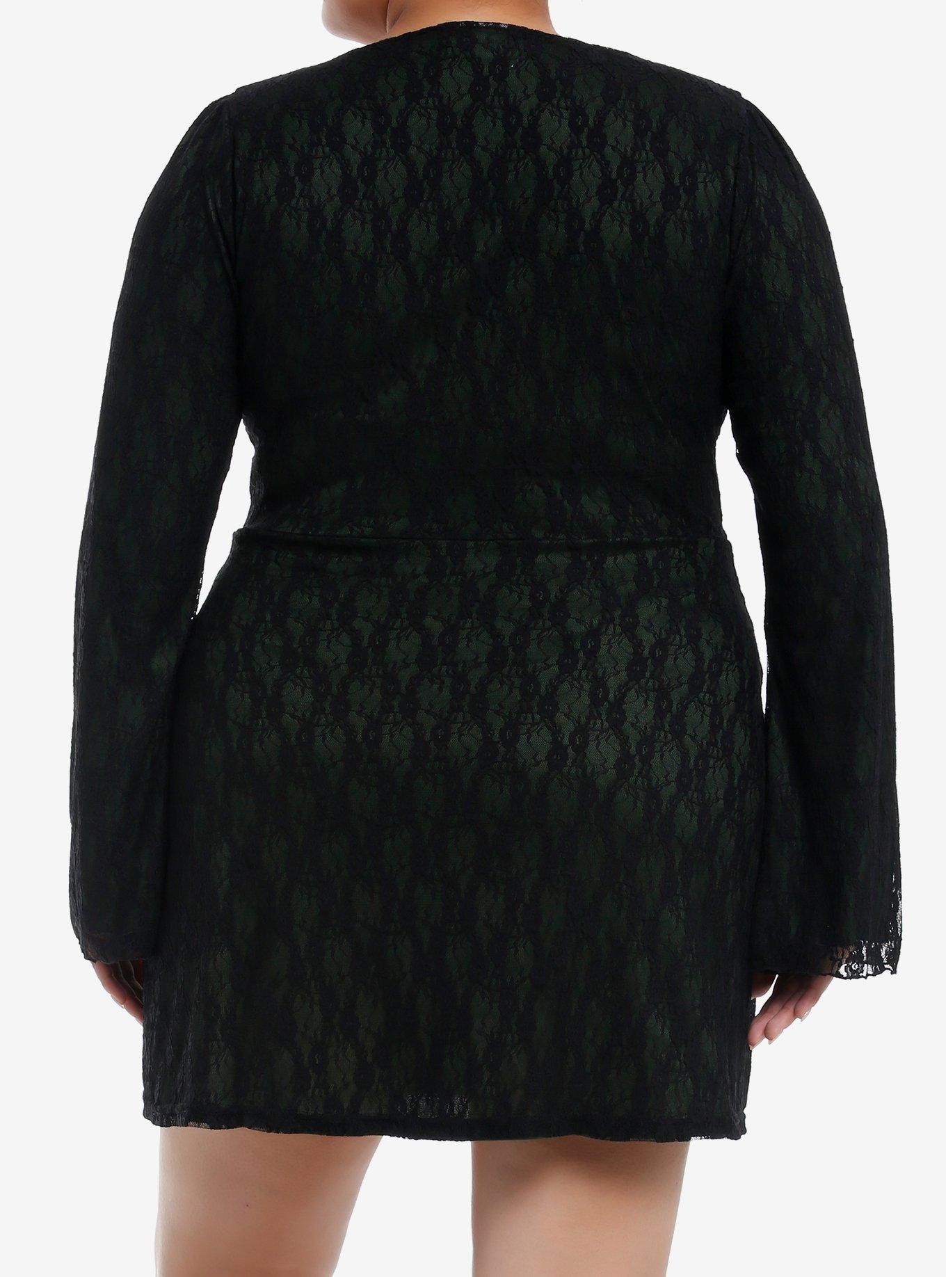 Black & Green Lace Bell Sleeve Dress Plus Size, KHAKI, alternate