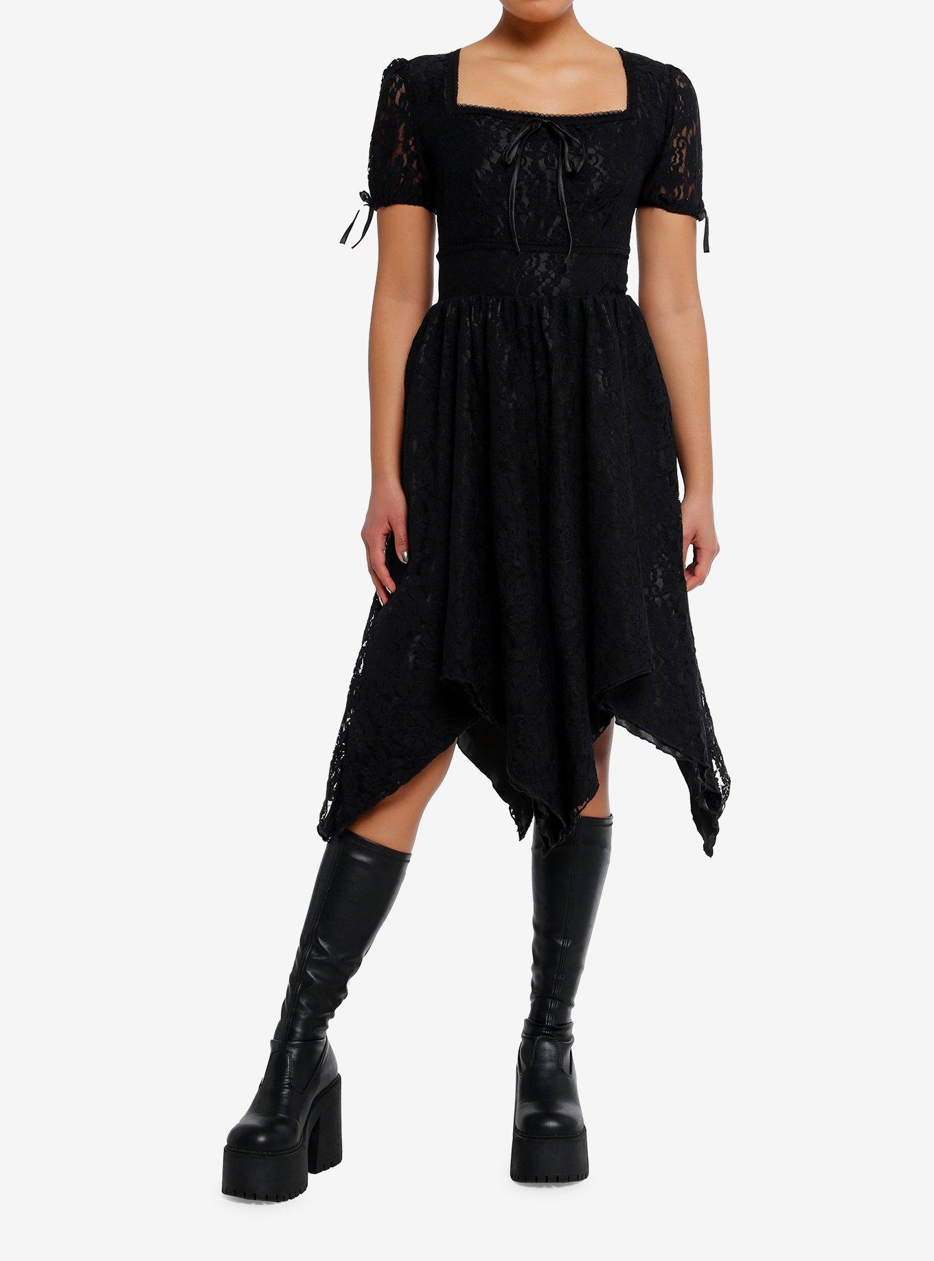 Daisy Street Black Lace Puff Sleeve Hanky Hem Dress, , hi-res