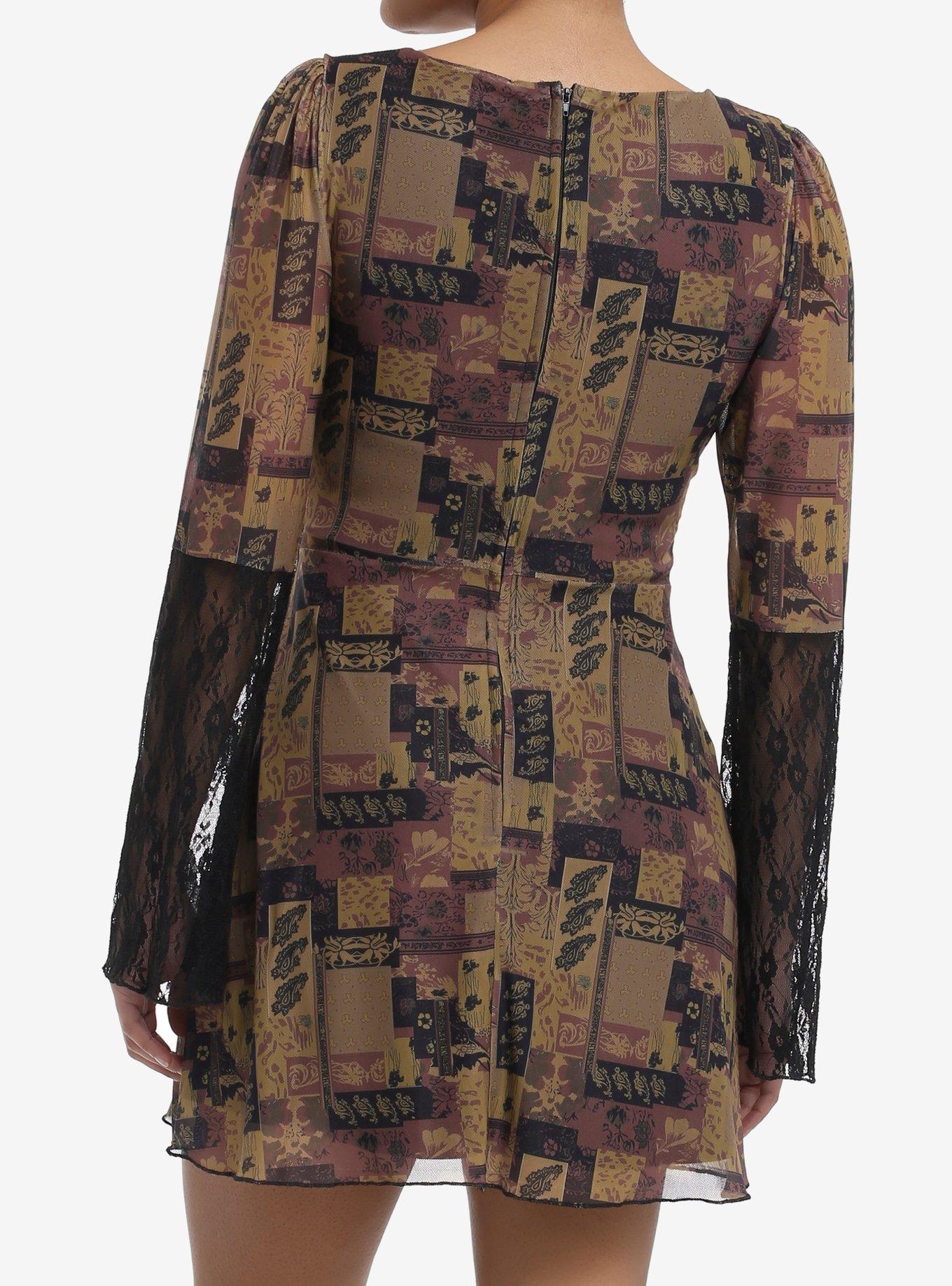 Brown Paisley Patchwork Bell Sleeve Dress, BLACK, alternate