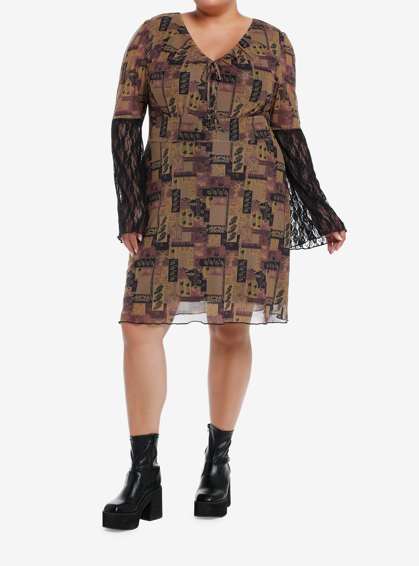 Brown Paisley Patchwork Bell Sleeve Dress Plus Size, , hi-res