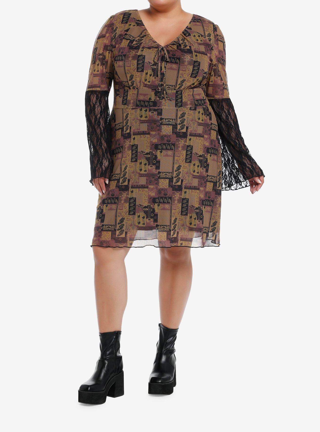 Brown Paisley Patchwork Bell Sleeve Dress Plus Size, BLACK, alternate