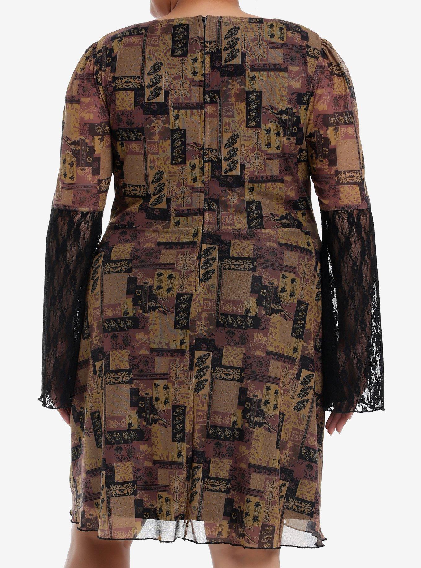 Brown Paisley Patchwork Bell Sleeve Dress Plus Size, BLACK, alternate