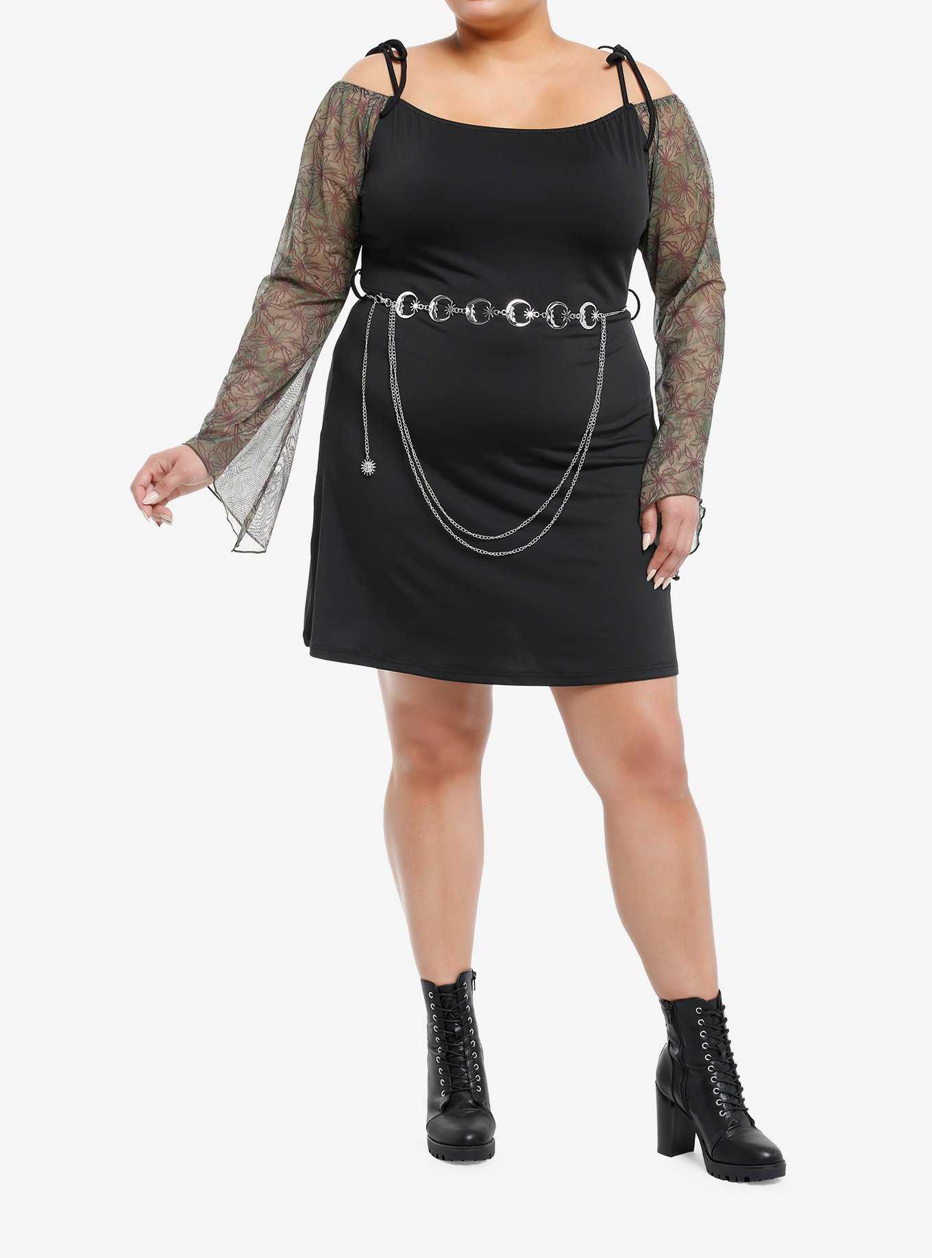 Thorn & Fable Grunge Floral Cold Shoulder Dress With Belt Plus Size, , hi-res