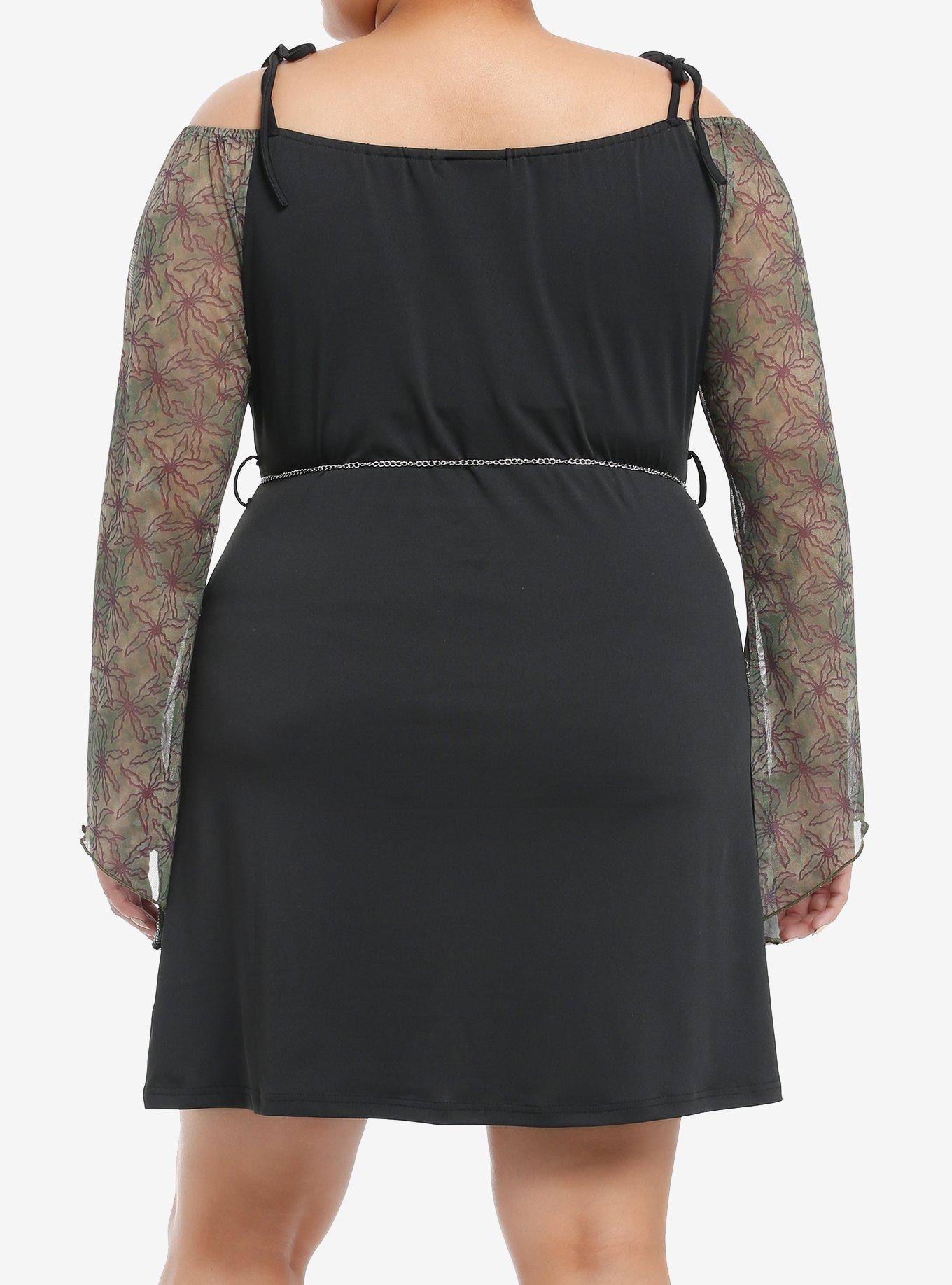 Thorn & Fable Grunge Floral Cold Shoulder Dress With Belt Plus Size, GREEN, alternate