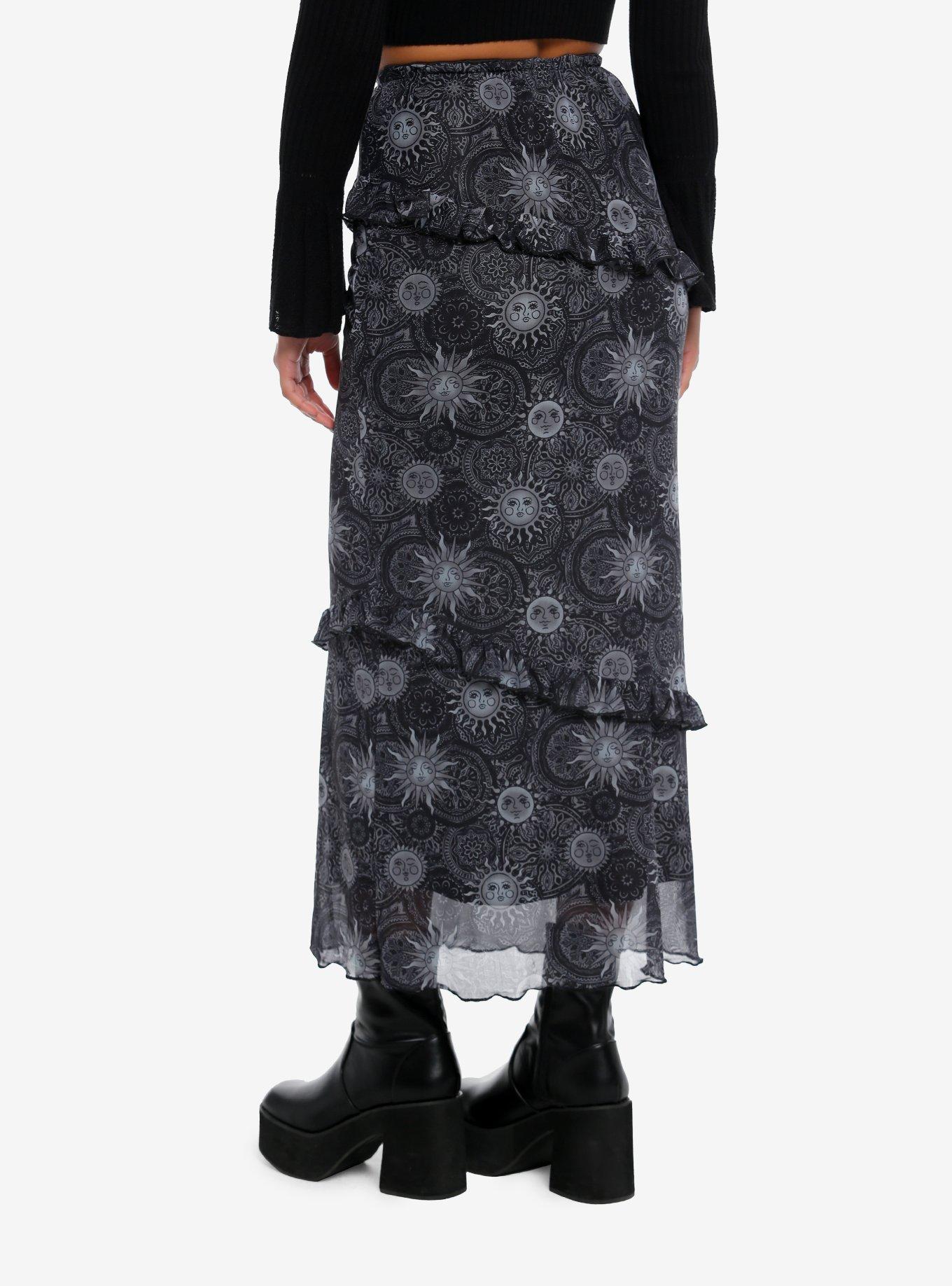 Cosmic Aura Celestial Ruffle Tiered Midi Skirt, BLACK, alternate