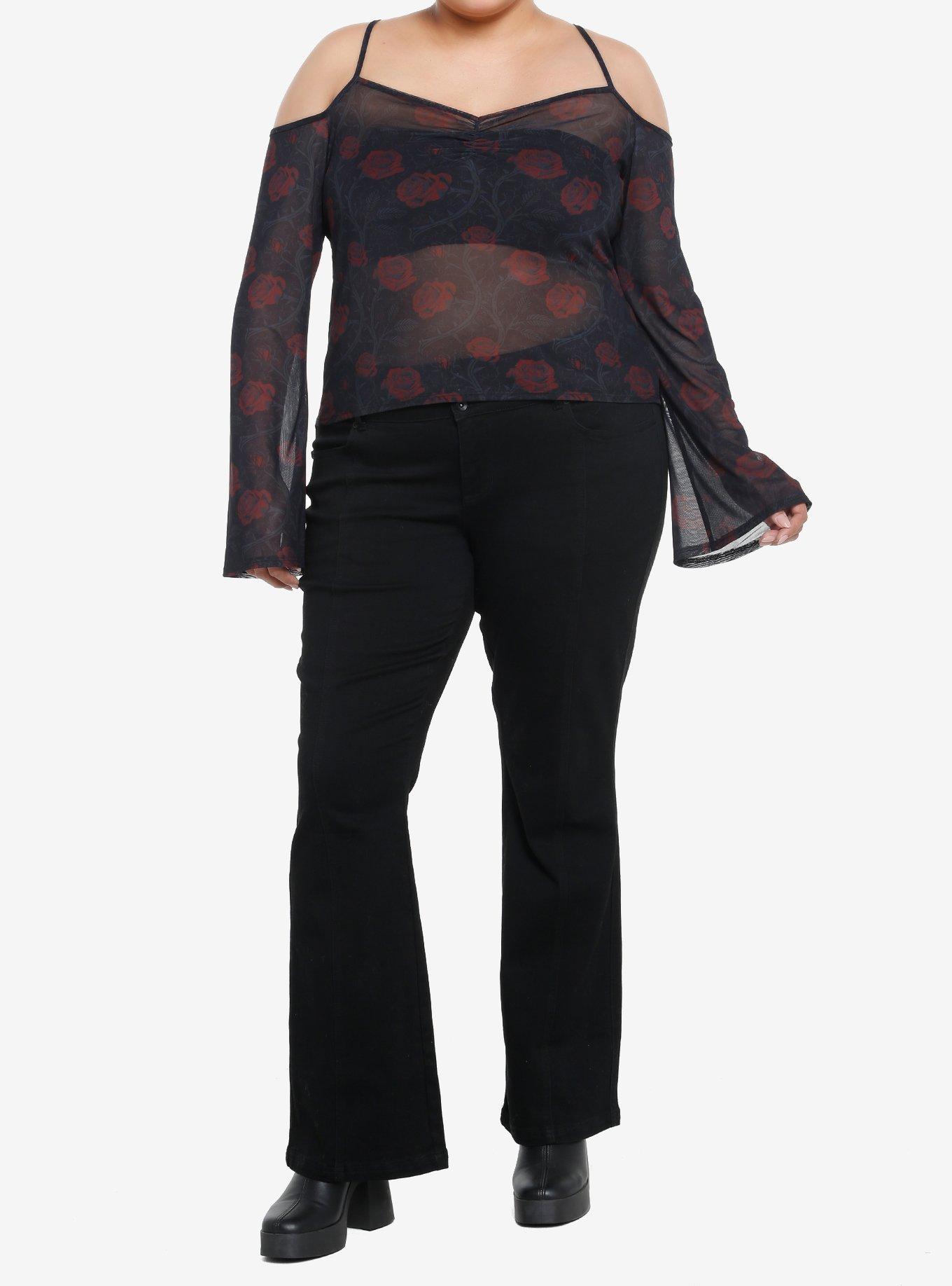 Thorn & Fable Rose Mesh Cold Shoulder Girls Long-Sleeve Top Plus Size, ROSE, alternate