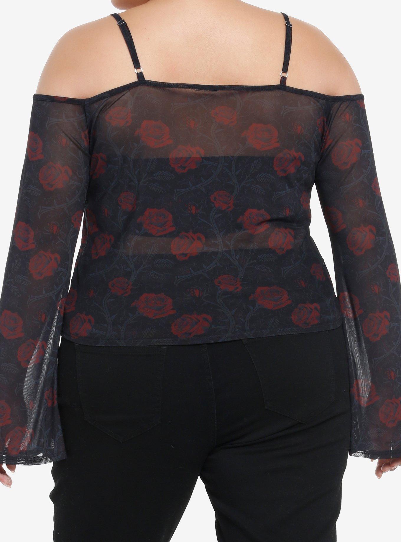 Thorn & Fable Rose Mesh Cold Shoulder Girls Long-Sleeve Top Plus Size, ROSE, alternate